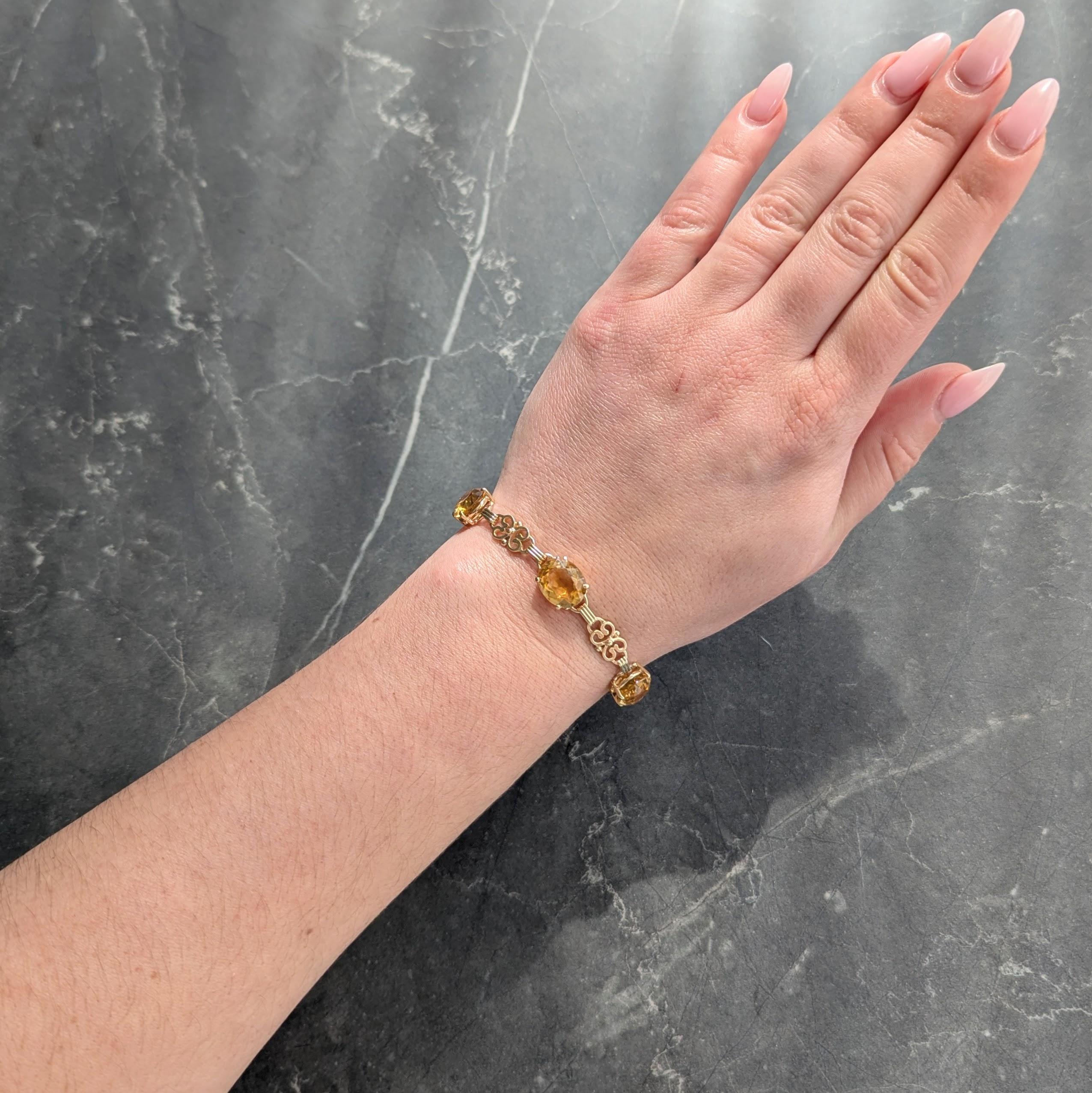 Retro Citrine 14 Karat Yellow Gold Vintage Scroll Link Bracelet