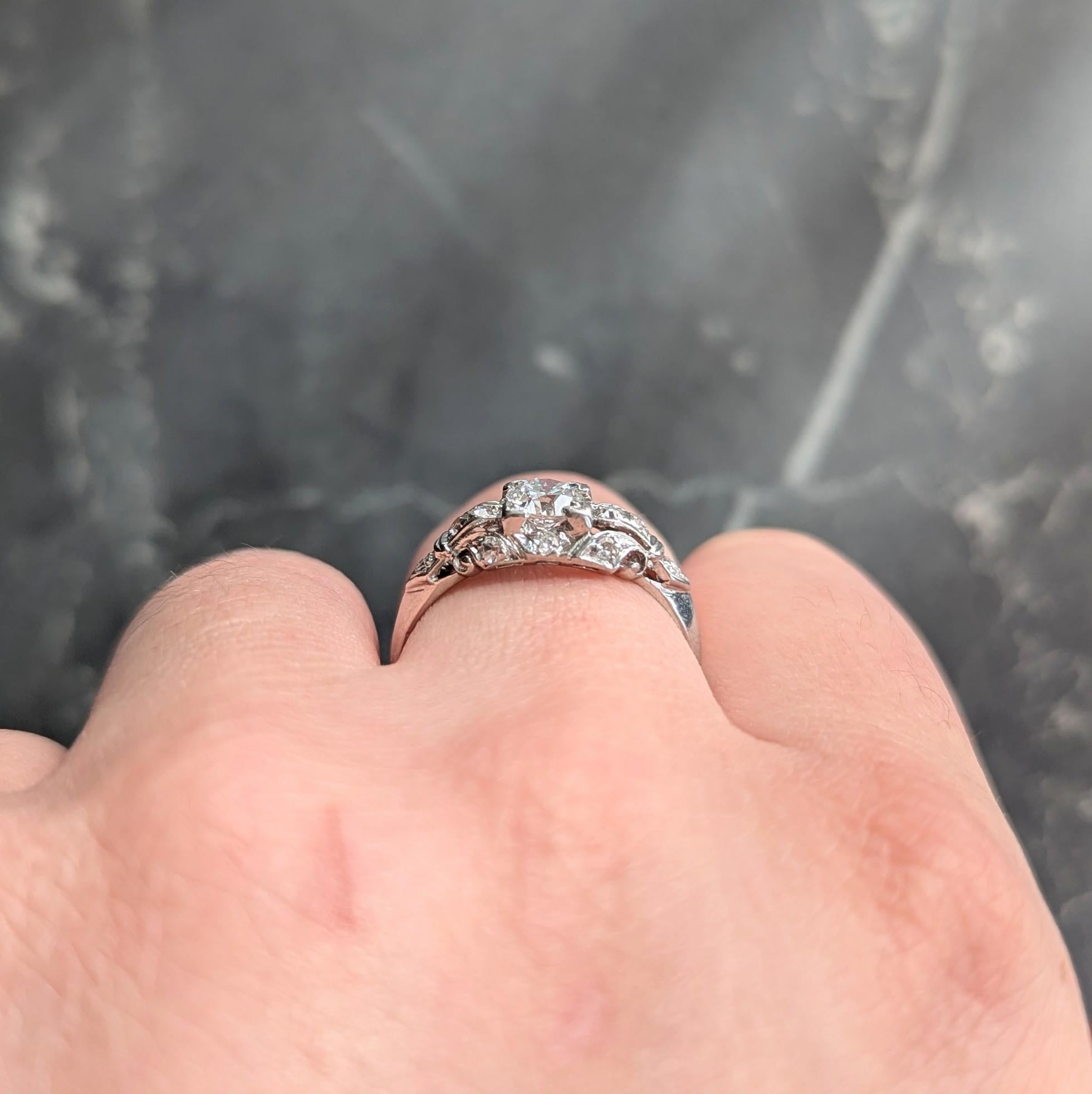 Art Deco Old European Diamond 18K Gold Vintage Scrolling Leaf Engagement Ring