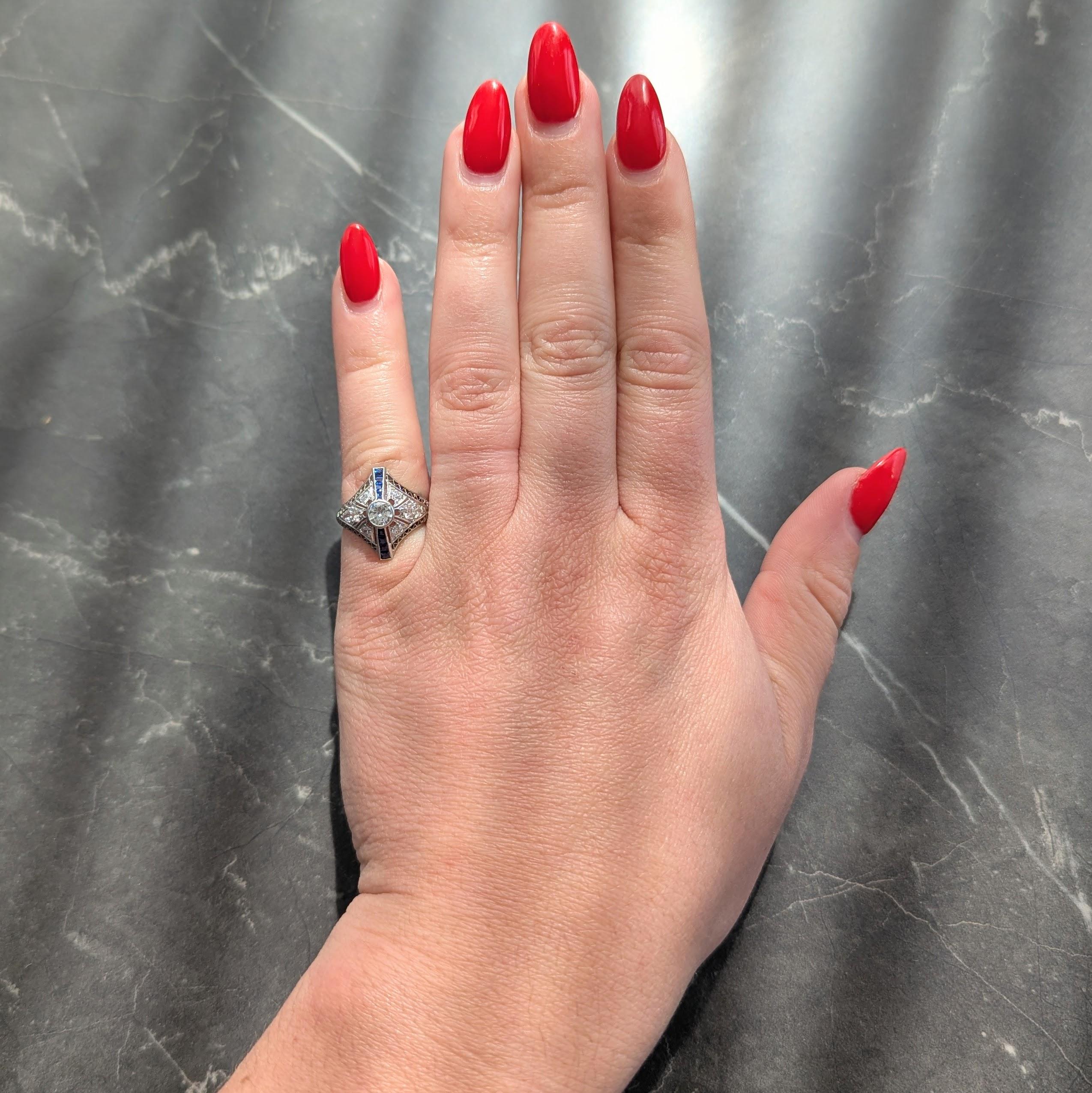 Art Deco Sapphire Diamond Platinum Vintage Zig-Zag Navette Dinner Ring