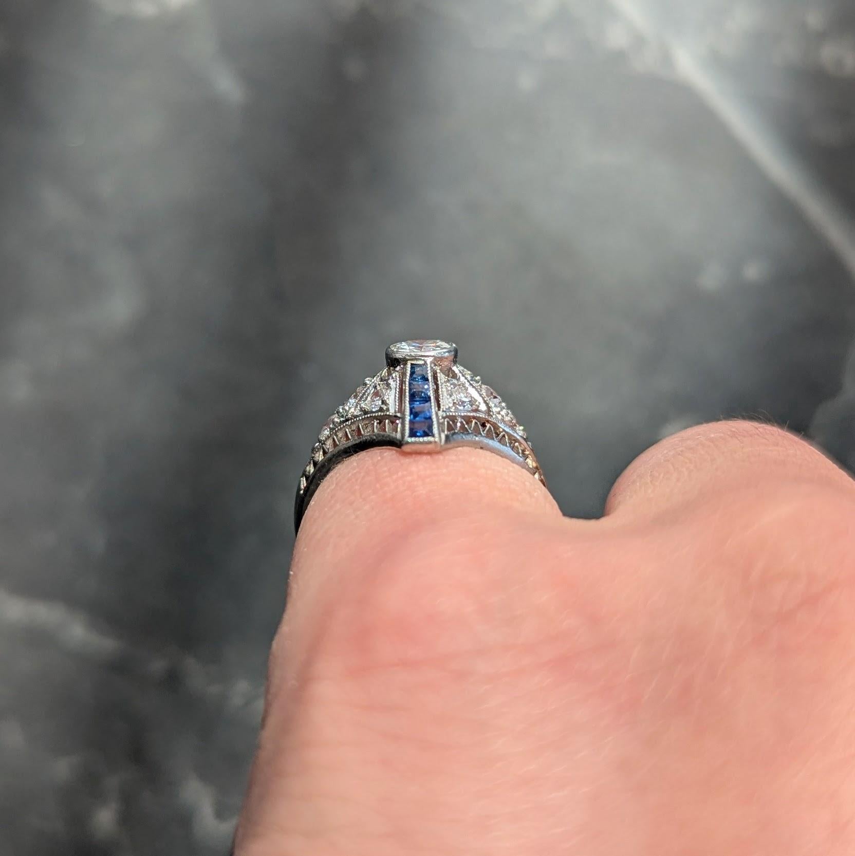 Art Deco Sapphire Diamond Platinum Vintage Zig-Zag Navette Dinner Ring