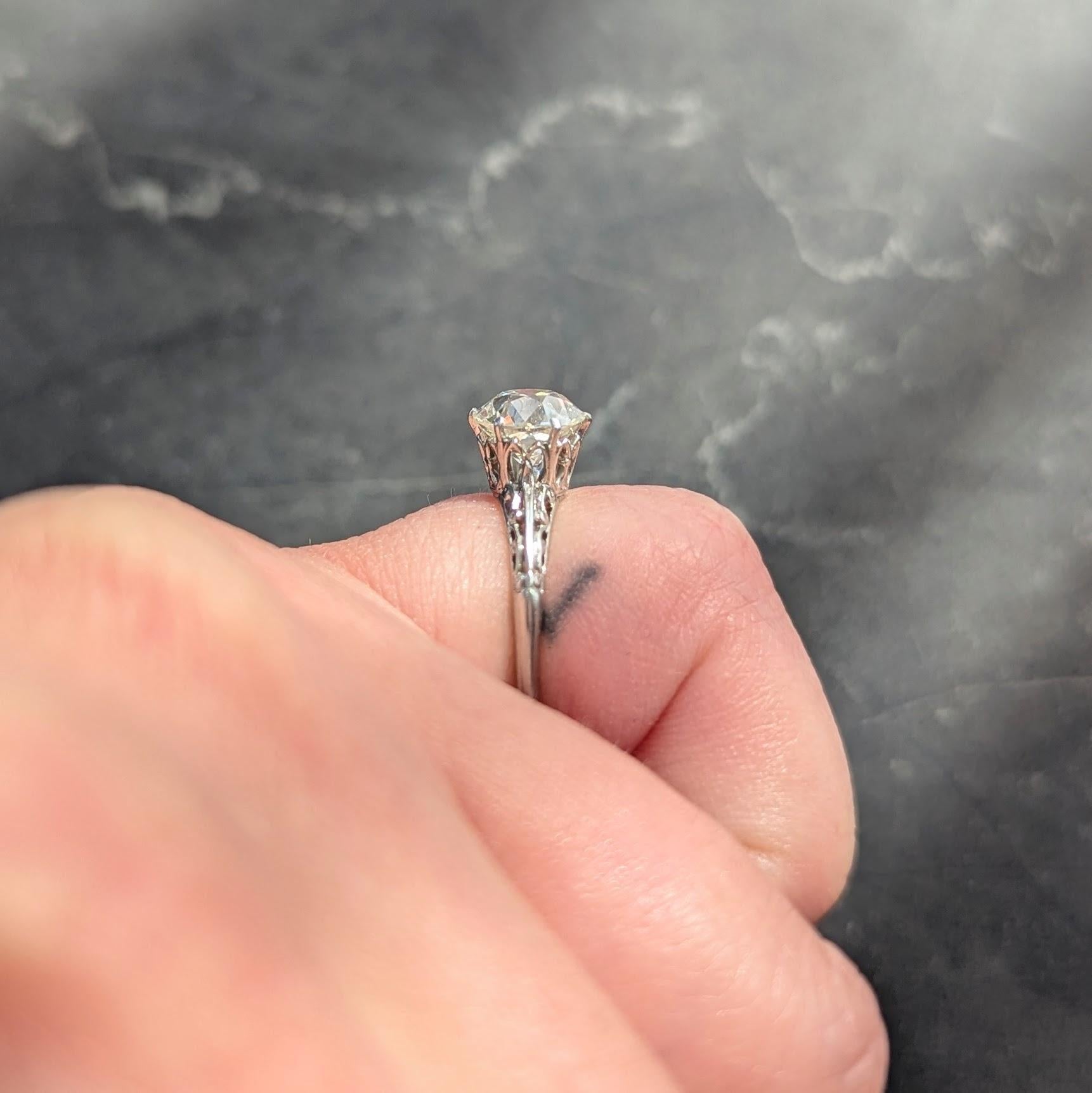 Art Deco 1.39 CTW Old Mine Cut Diamond Platinum Scroll Solitaire Engagement Ring