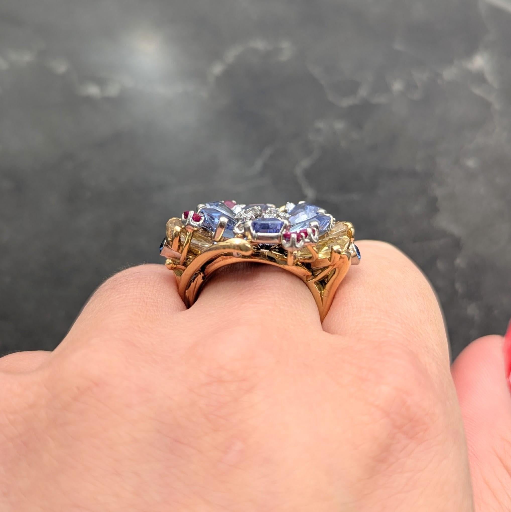 Tiffany & Co. 1940s Retro Sapphire Diamond 18K Gold Vintage Floral Cocktail Ring