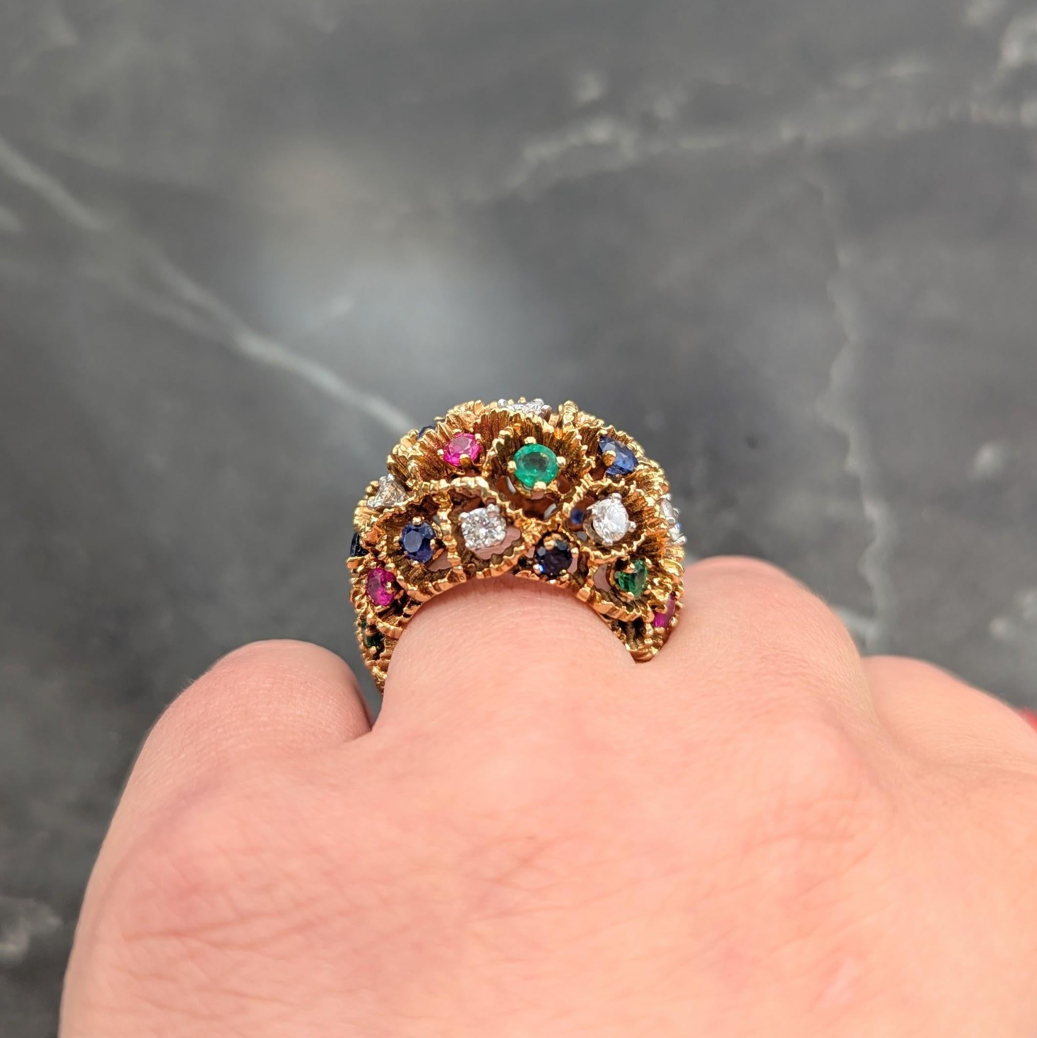 French Diamond Emerald Ruby Sapphire 18K Yellow Gold Platinum Vintage Dome Ring