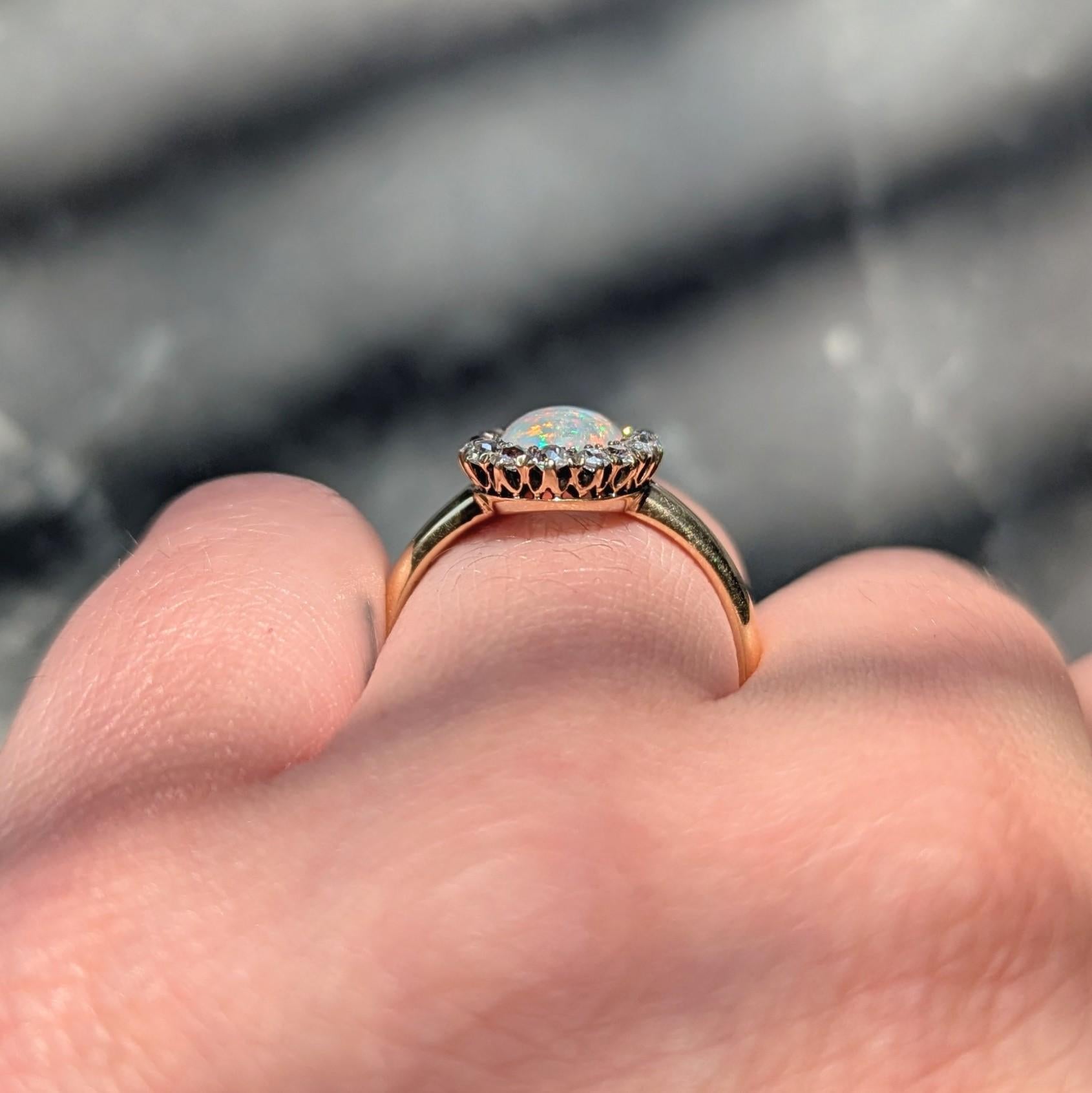 Victorian Diamond Opal 14 Karat Yellow Gold Antique Halo Ring