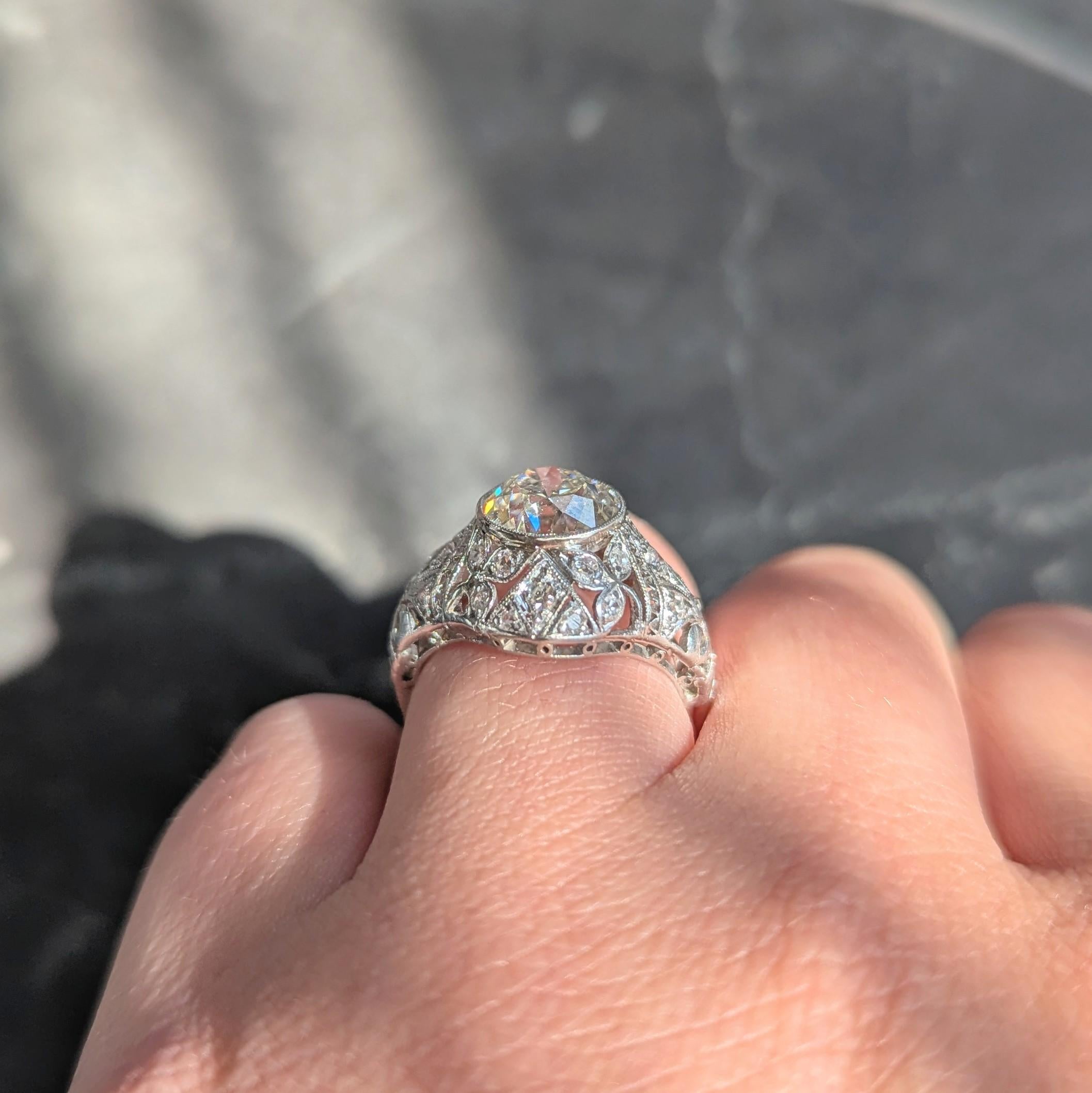 Belle Epoqué 3.20 CTW Diamond Platinum Antique Foliate Bow Engagement Ring GIA