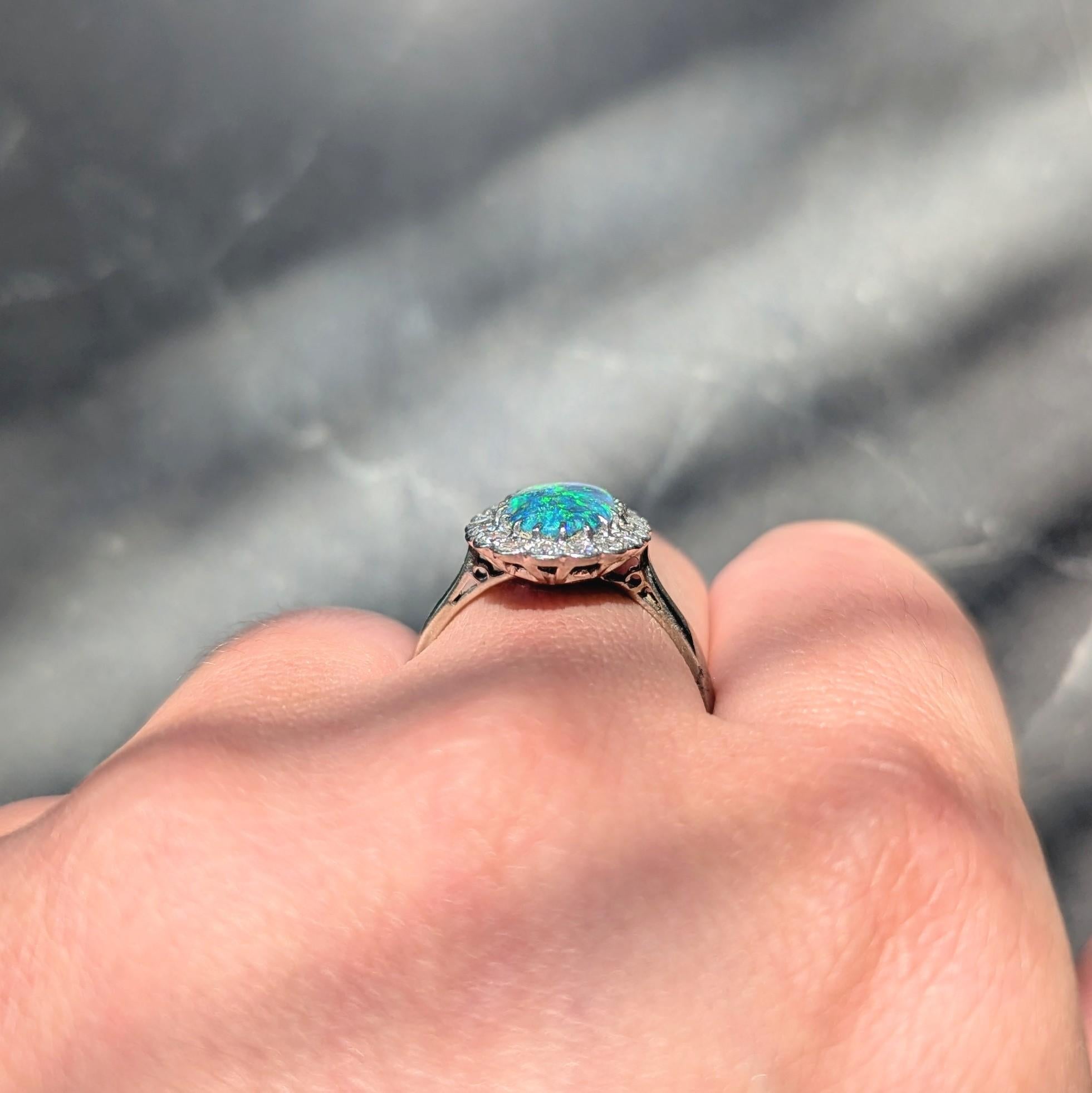 1950's Diamond Opal 18 Karat White Gold Platinum Vintage Halo Ring