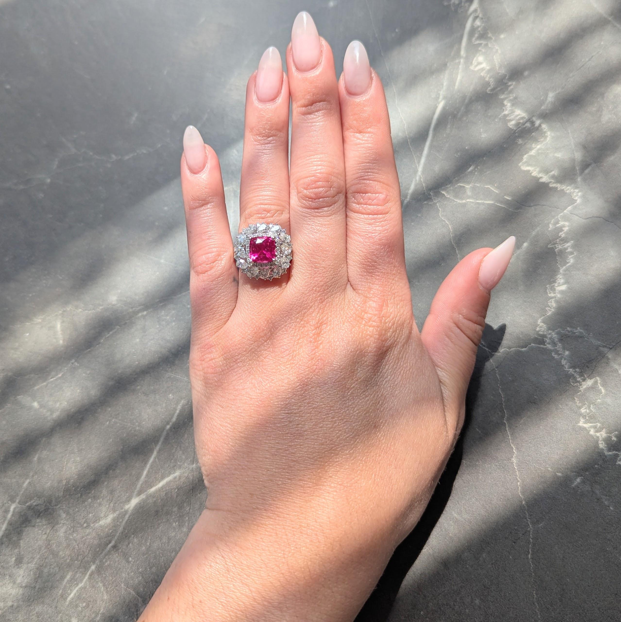 Contemporary No Heat Red Pink Spinel Diamond 18 Karat White Gold Cluster Ring
