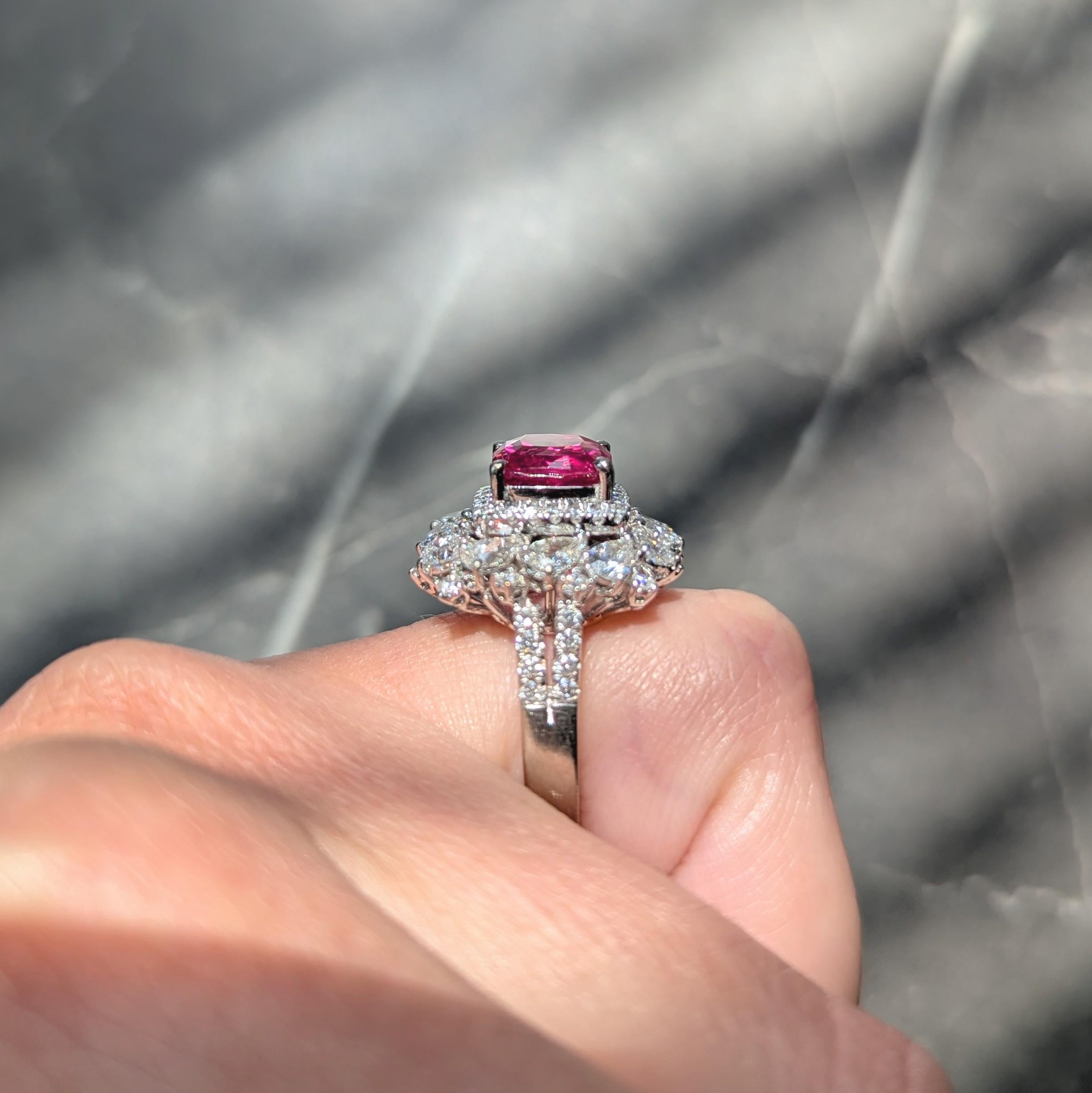 Contemporary No Heat Red Pink Spinel Diamond 18 Karat White Gold Cluster Ring