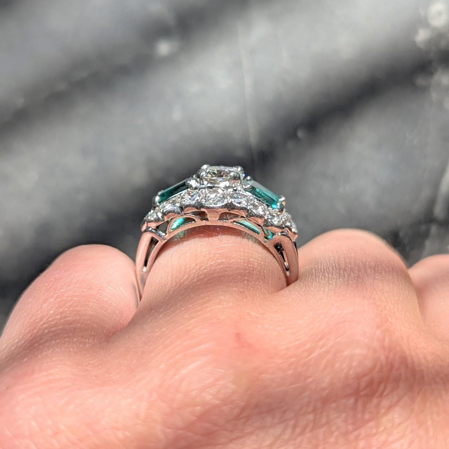 Mid-Century 4.13 CTW Diamond Emerald Platinum Vintage Cluster Ring