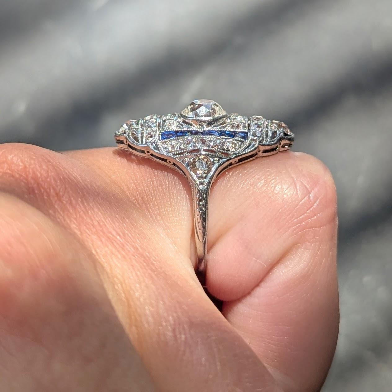 Art Deco 2.33 CTW Diamond Sapphire Platinum Vintage Foliate Navette Dinner Ring