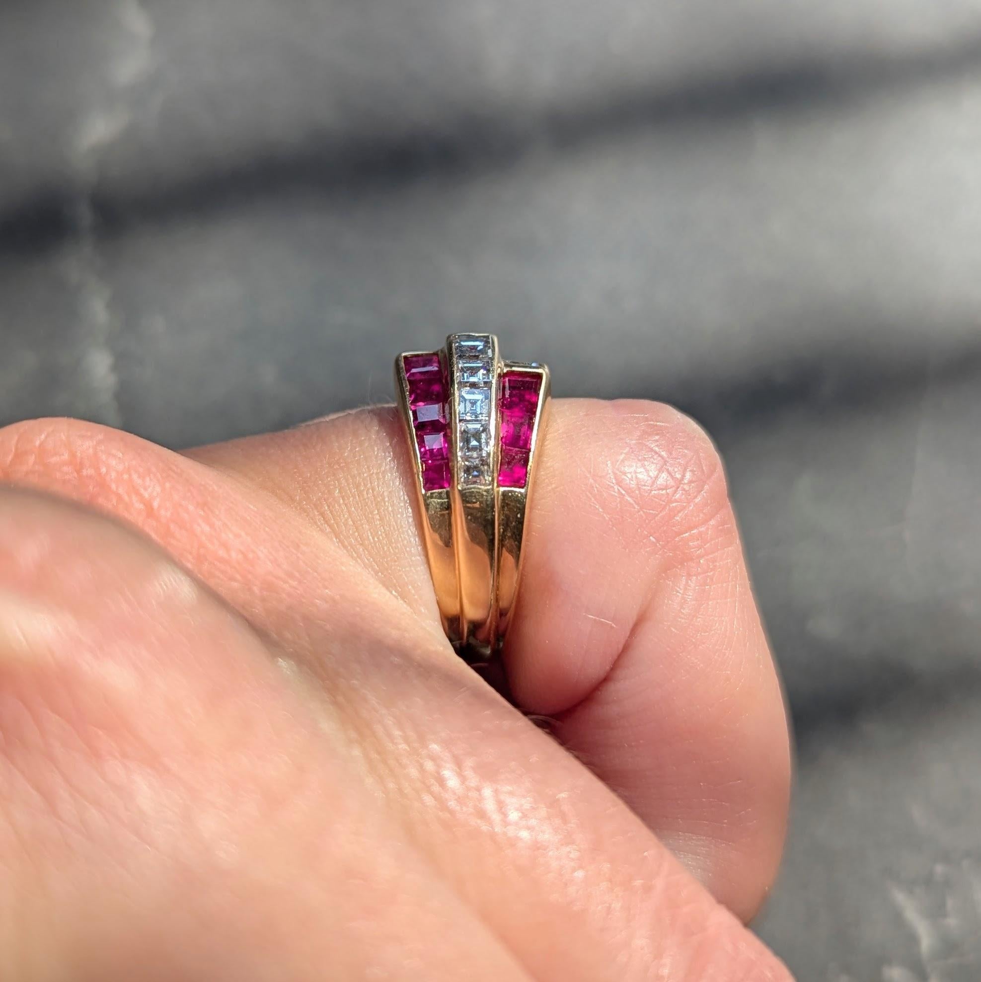 Oscar Heyman 1980's Ruby Diamond 18 Karat Yellow Gold Vintage Channel Band Ring