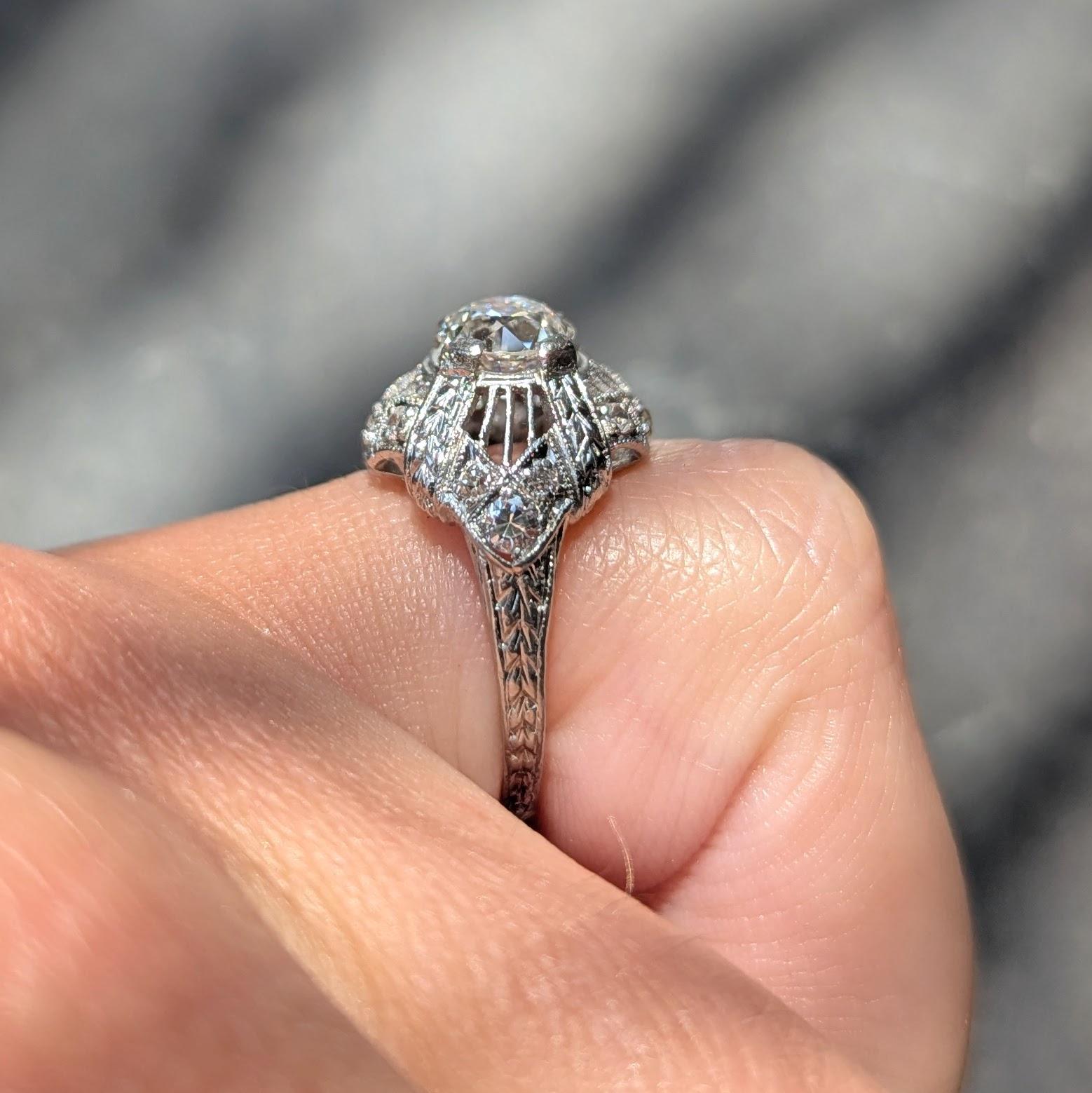 Art Deco European Diamond Platinum Vintage Wheat Bombe Engagement Ring