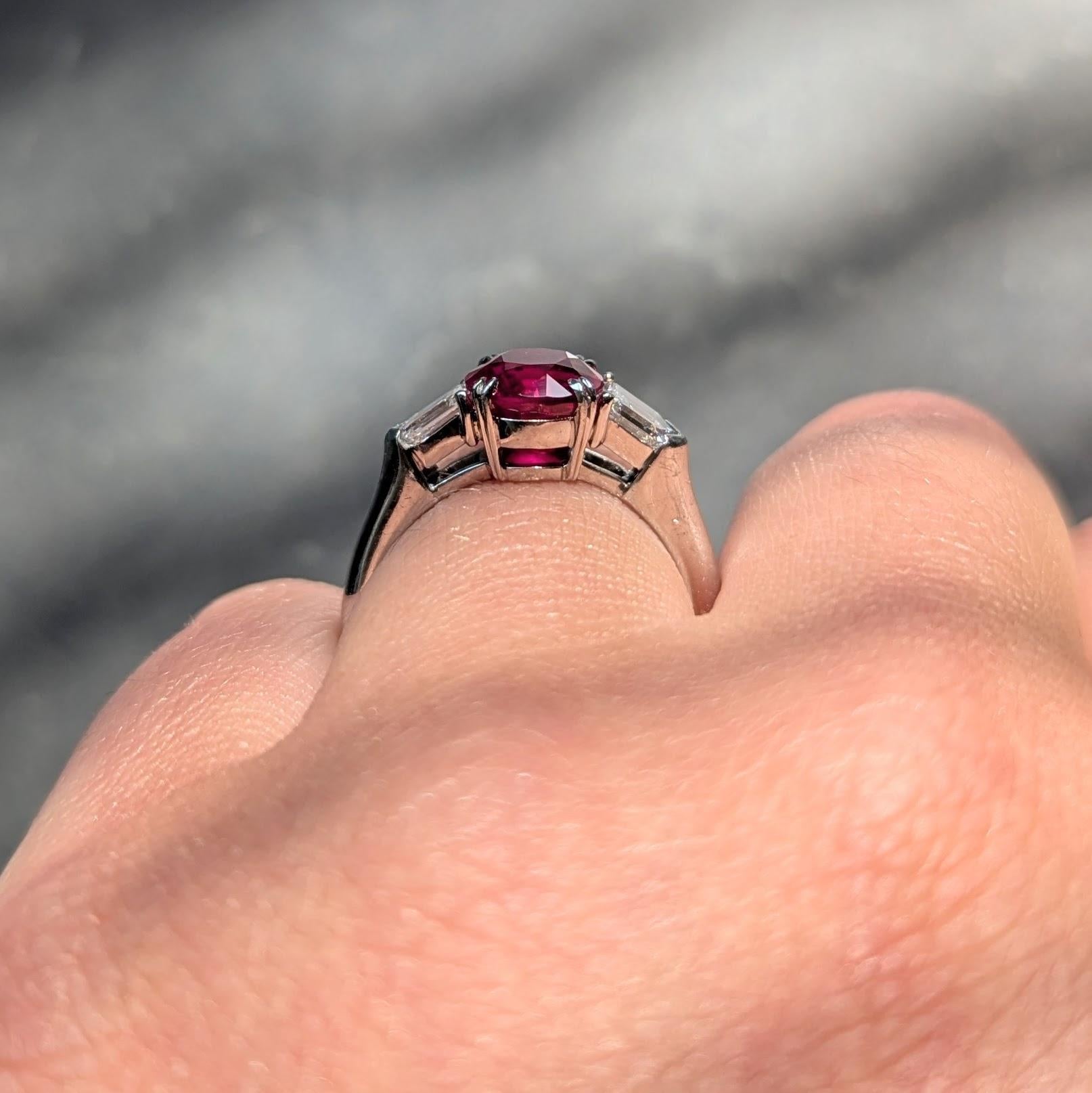 Mid-Century 3.10 CTW Burma Ruby Diamond Platinum Vintage Three Stone Ring AGL
