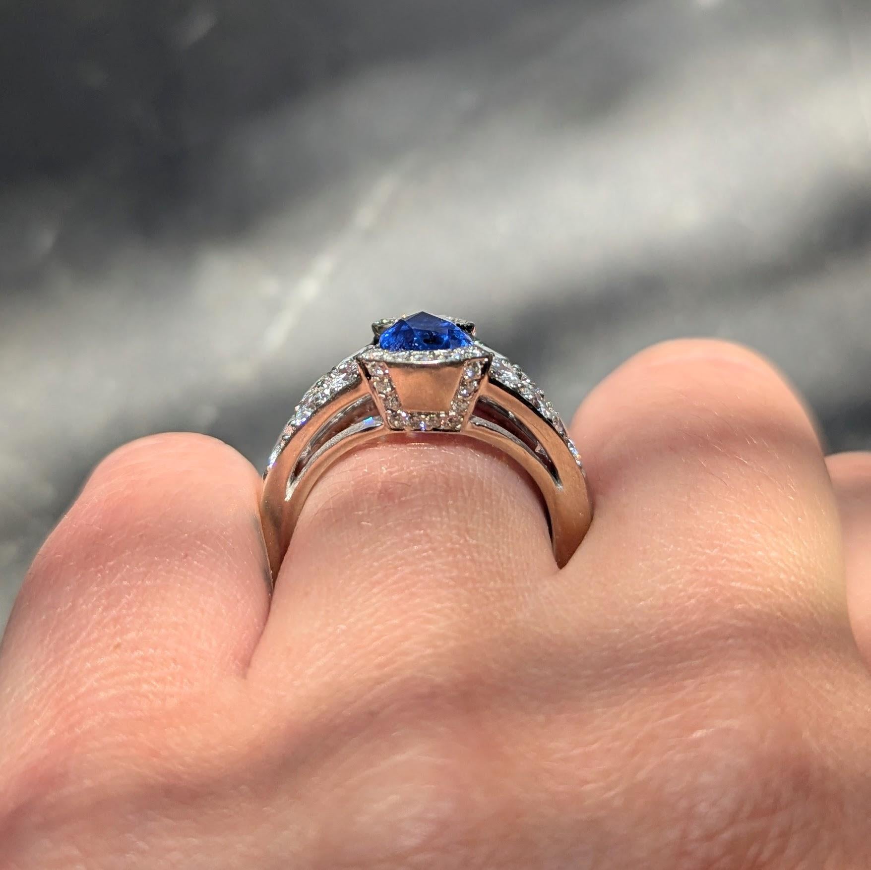 French 2000's 4.50 CTW Sapphire Diamond 18K White Gold Contemporary Cluster Ring