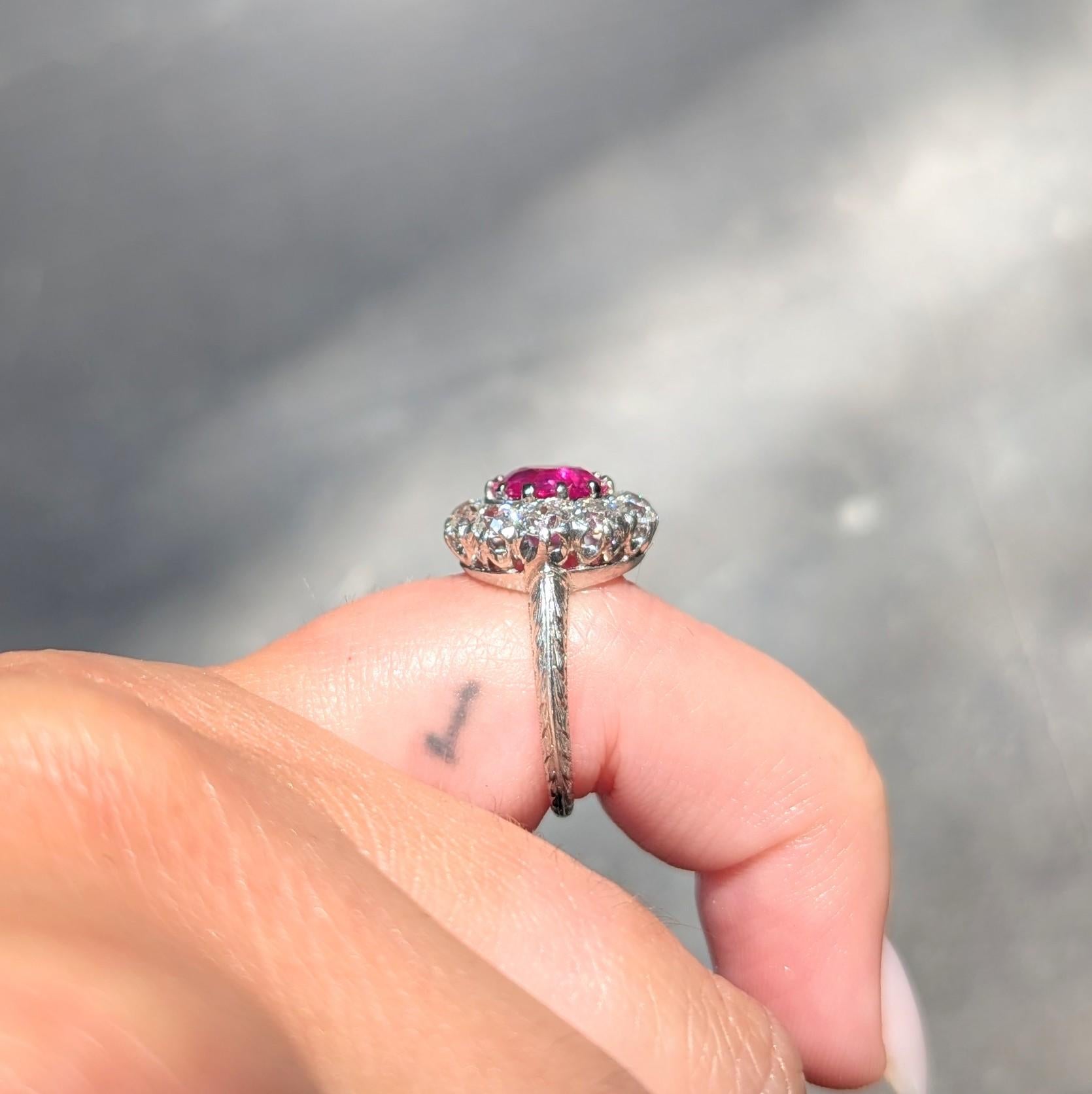 Edwardian 3.47 CTW No Heat Burma Ruby Diamond Platinum Antique Fanning Halo Ring