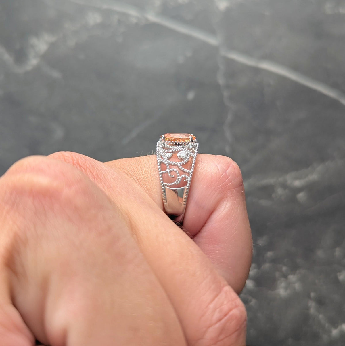 2010's No Heat Ceylon Orange Sapphire 18 Karat White Gold Scrolling Ring GIA