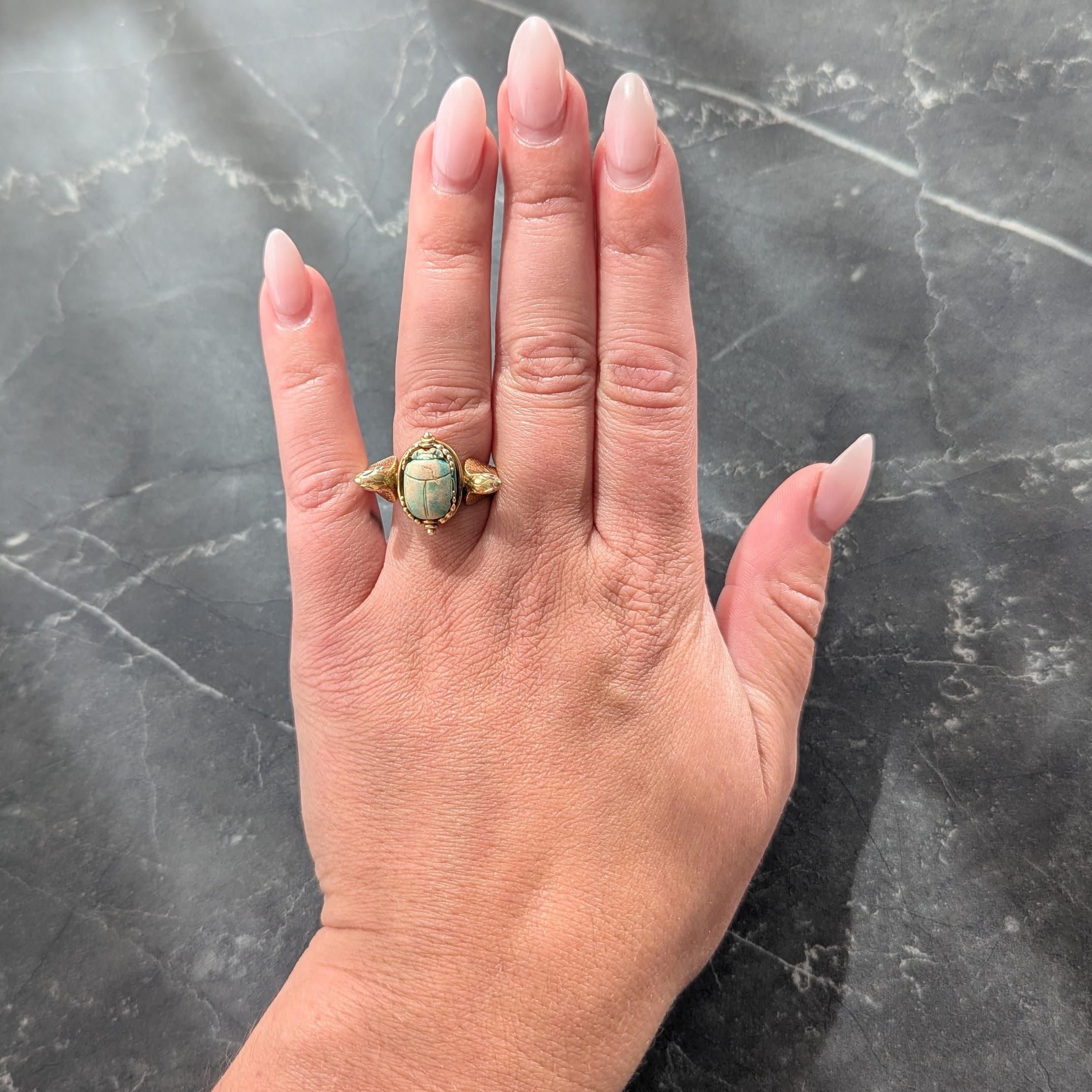 Early Art Deco Egyptian Revival Hardstone Enamel 18K Antique Scarab Snake Ring
