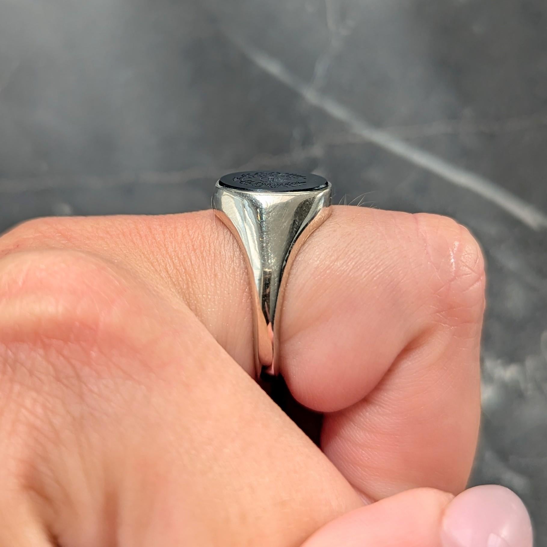 Onyx 14 Karat White Gold Double Novena Heart Unisex Intaglio Signet Ring