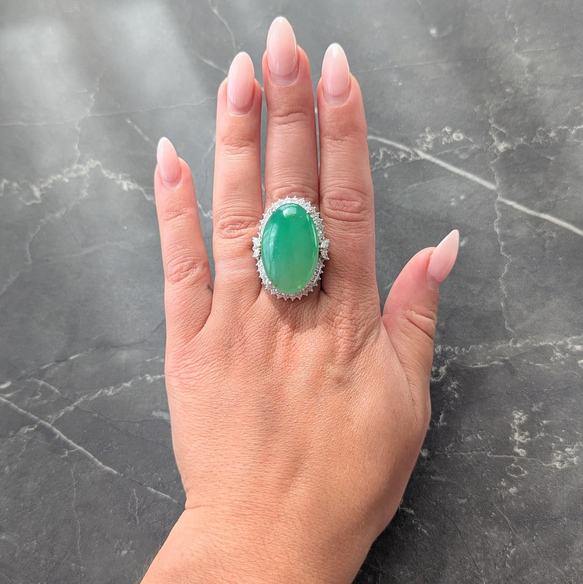 4.40 CTW Type A Jade Diamond 18K White Gold Vintage Inspired Cocktail Ring GIA