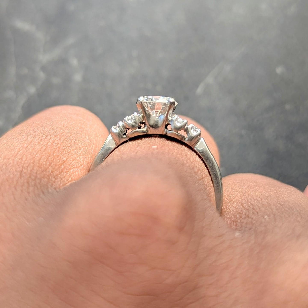 Mid-Century 0.95 CTW Diamond 18K White Gold Fishtail Vintage Engagement Ring