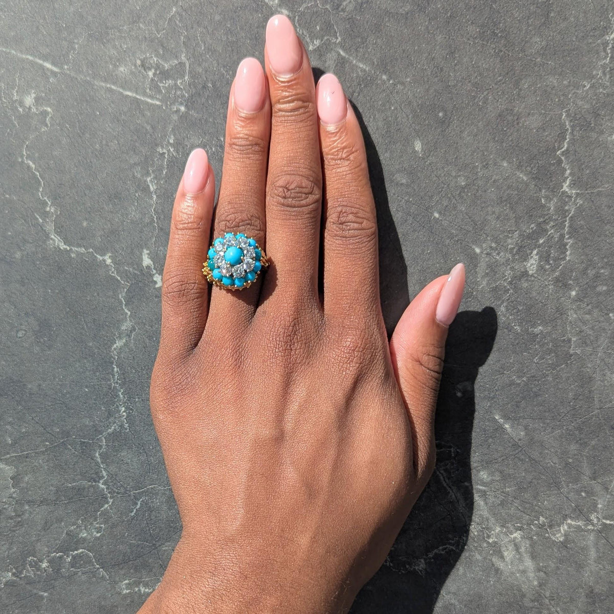 Cartier Paris 1960's Turquoise Diamond Platinum 18K Gold Vintage Cluster Ring