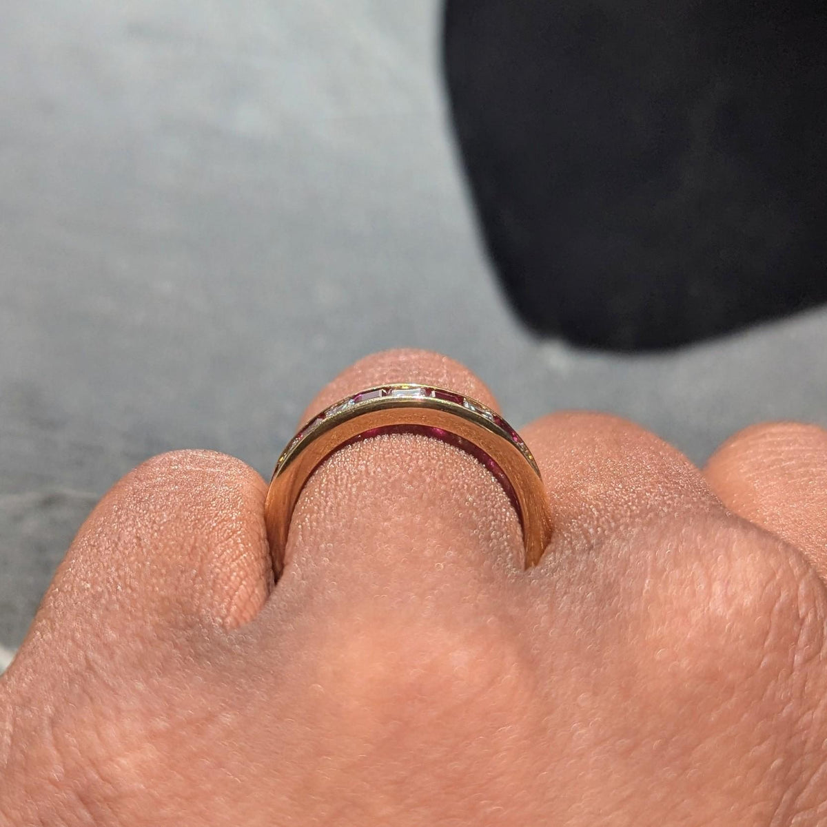 Contemporary 2.64 CTW Diamond Ruby 18 Karat Yellow Gold Channel Band Ring