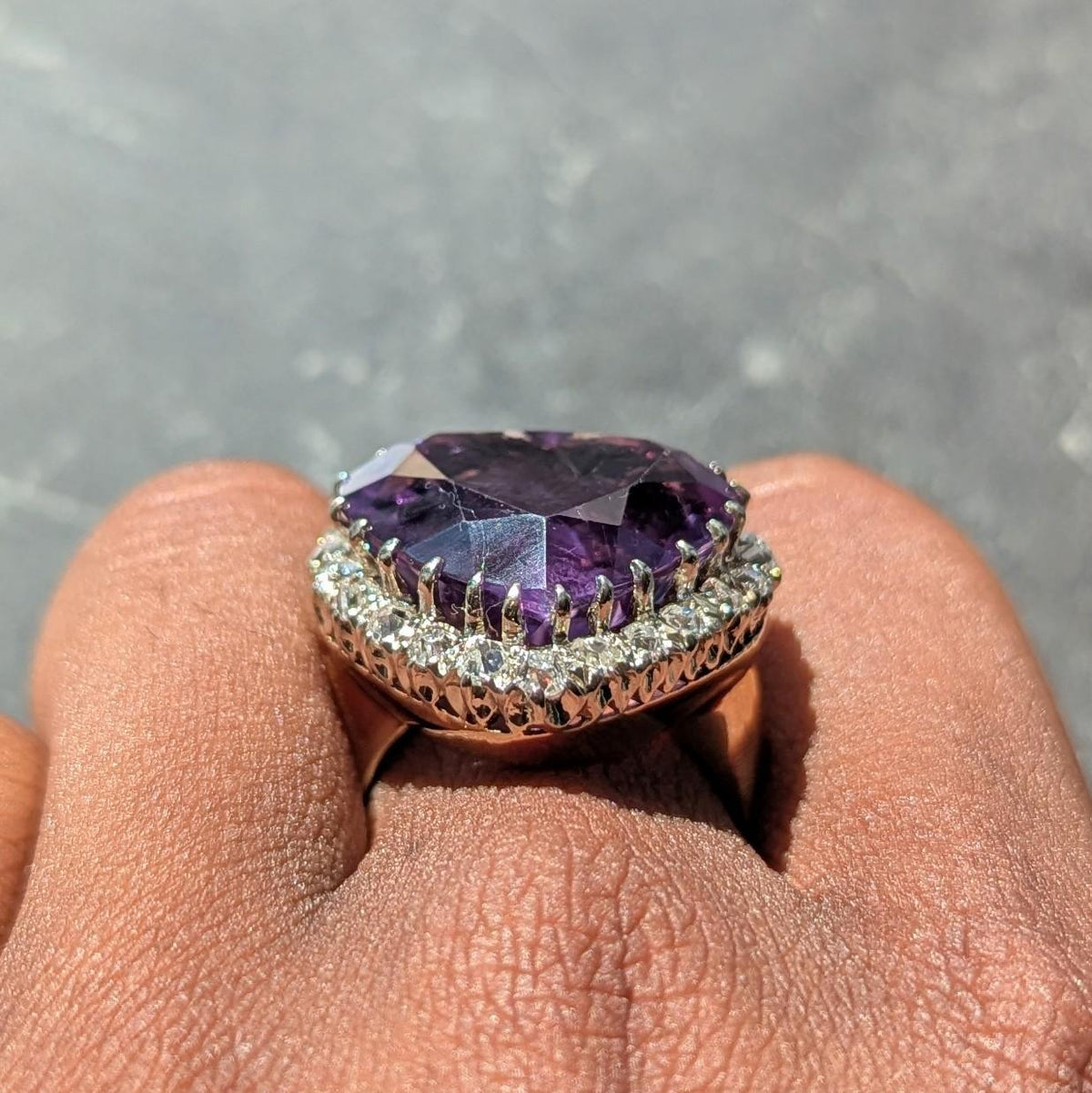 Retro Amethyst Diamond 14 Karat Two-Tone Gold Vintage Heart Halo Ring