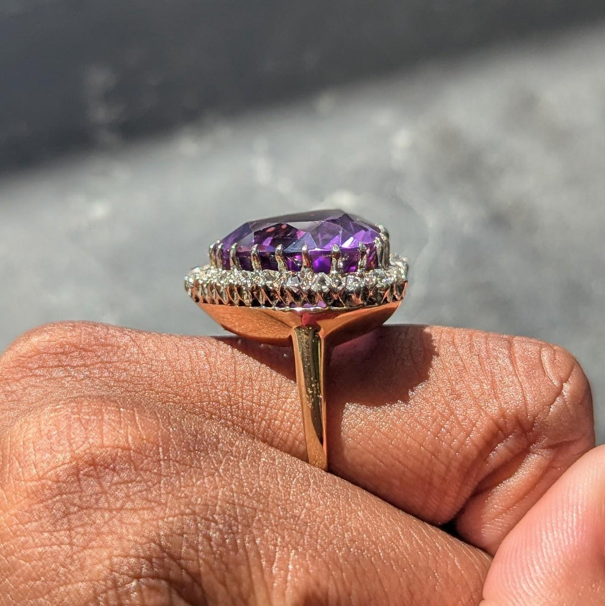 Retro Amethyst Diamond 14 Karat Two-Tone Gold Vintage Heart Halo Ring