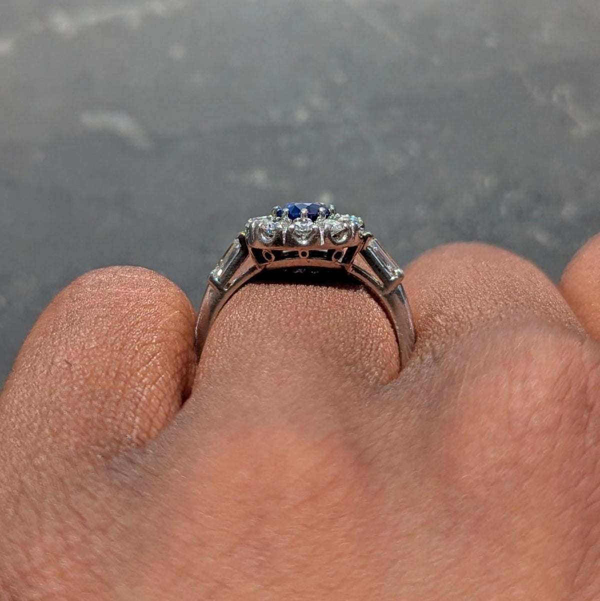 Mid-Century 1.82 CTW Round Cut Sapphire Diamond Platinum Vintage Halo Ring