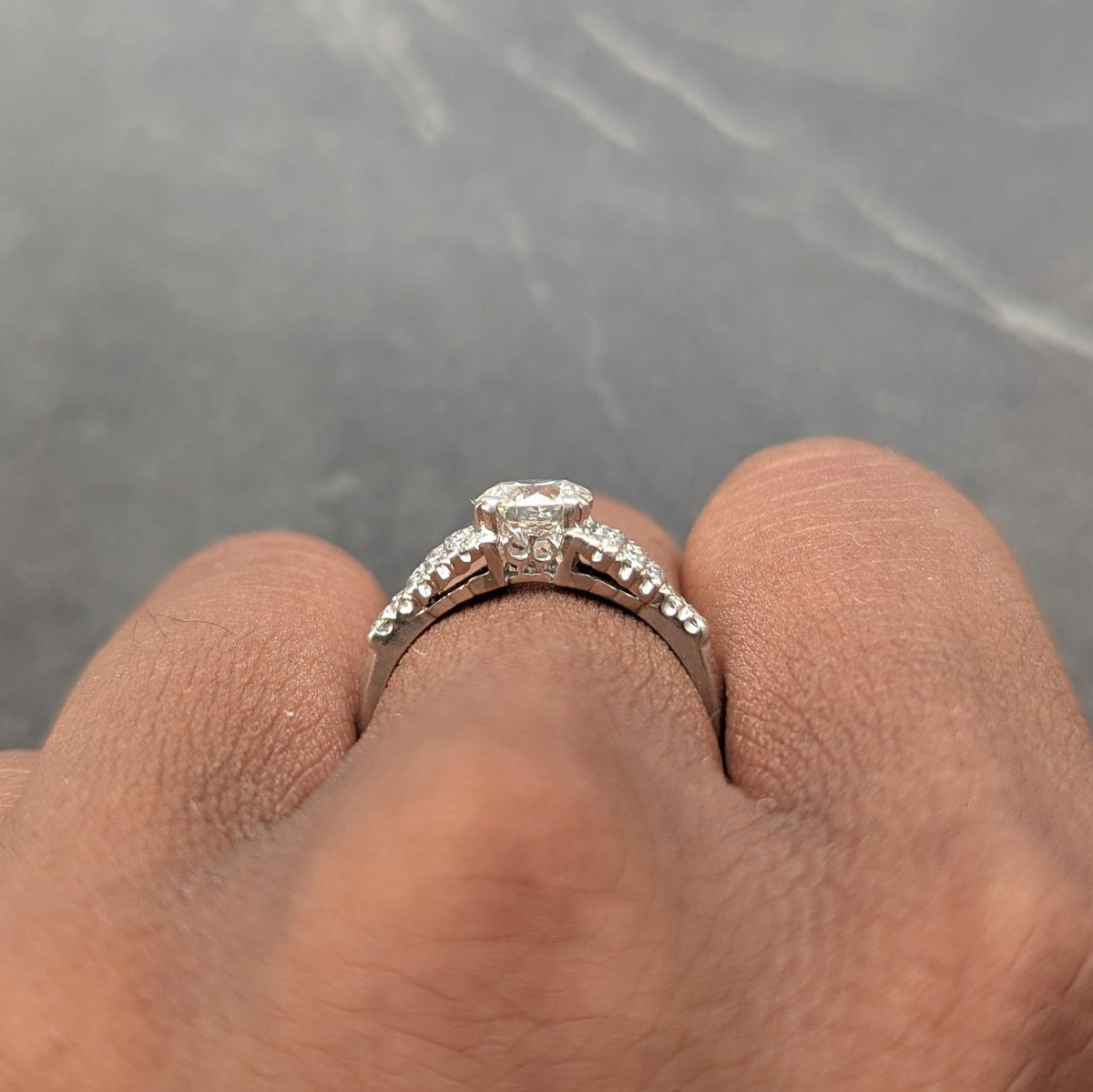 Mid-Century Old European Cut Diamond Platinum Stepped Fishtail Engagement Ring