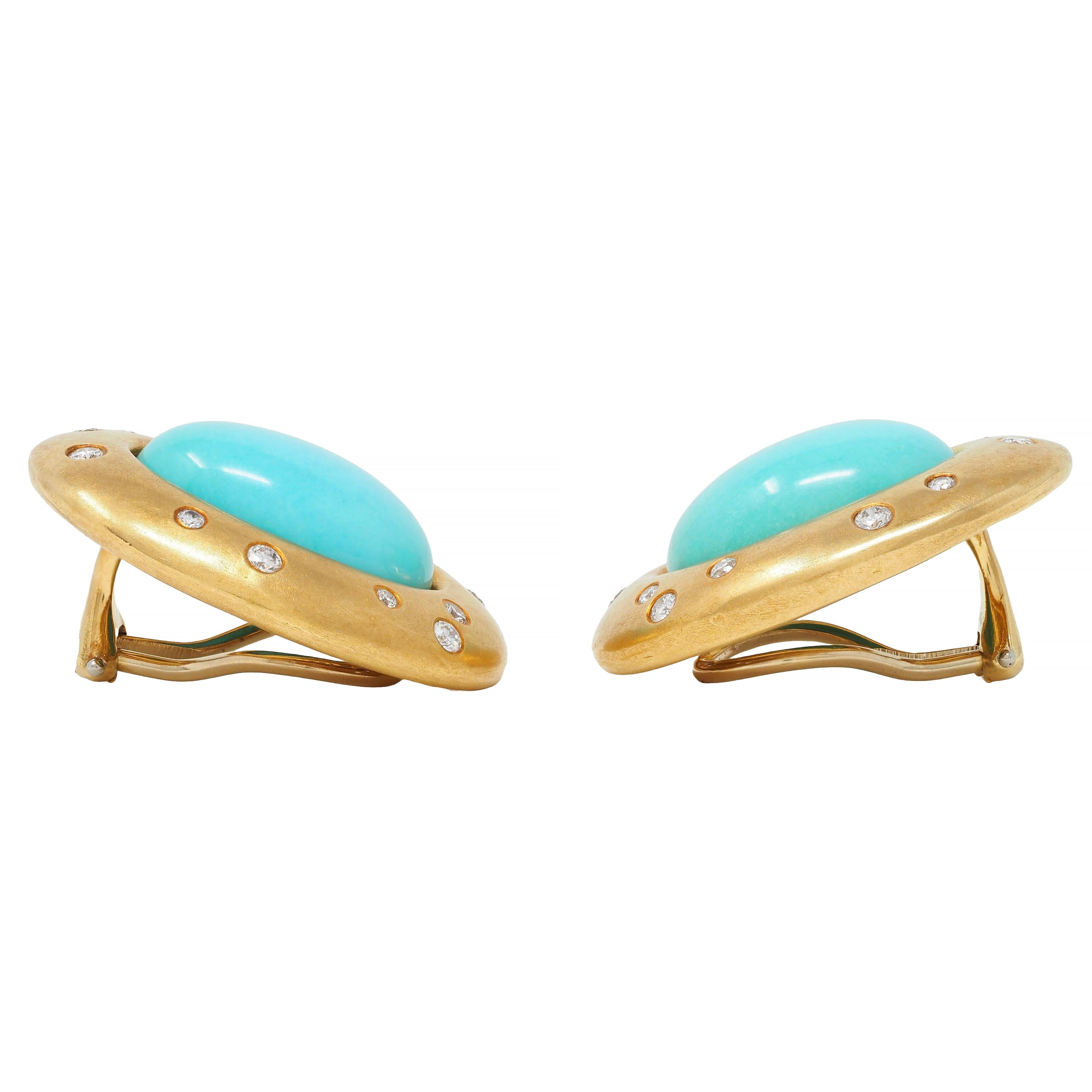 Tiffany & Co. Diamond Turquoise 18 Karat Yellow Gold Cabochon Vintage Earrings