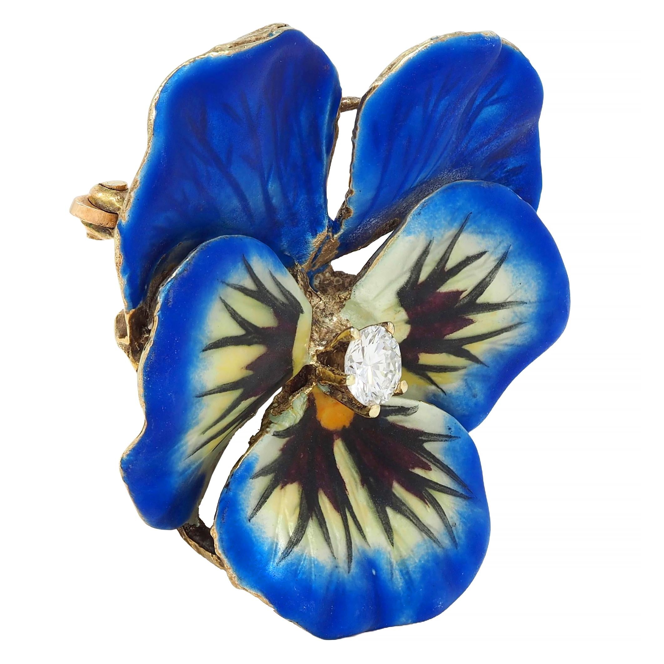 Art Nouveau Diamond Blue Enamel 14K Yellow Gold Antique Pansy Pendant Brooch