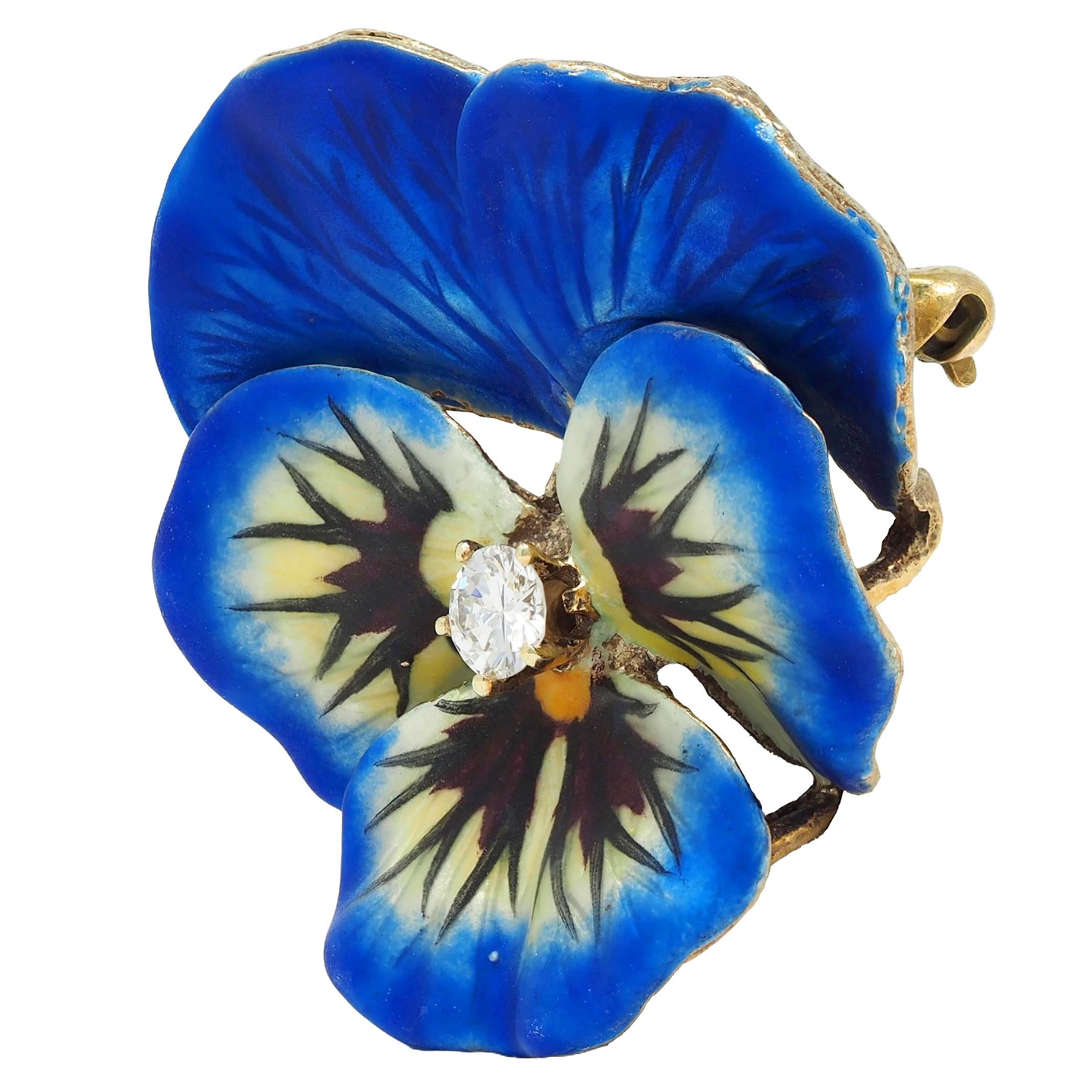 Art Nouveau Diamond Blue Enamel 14K Yellow Gold Antique Pansy Pendant Brooch