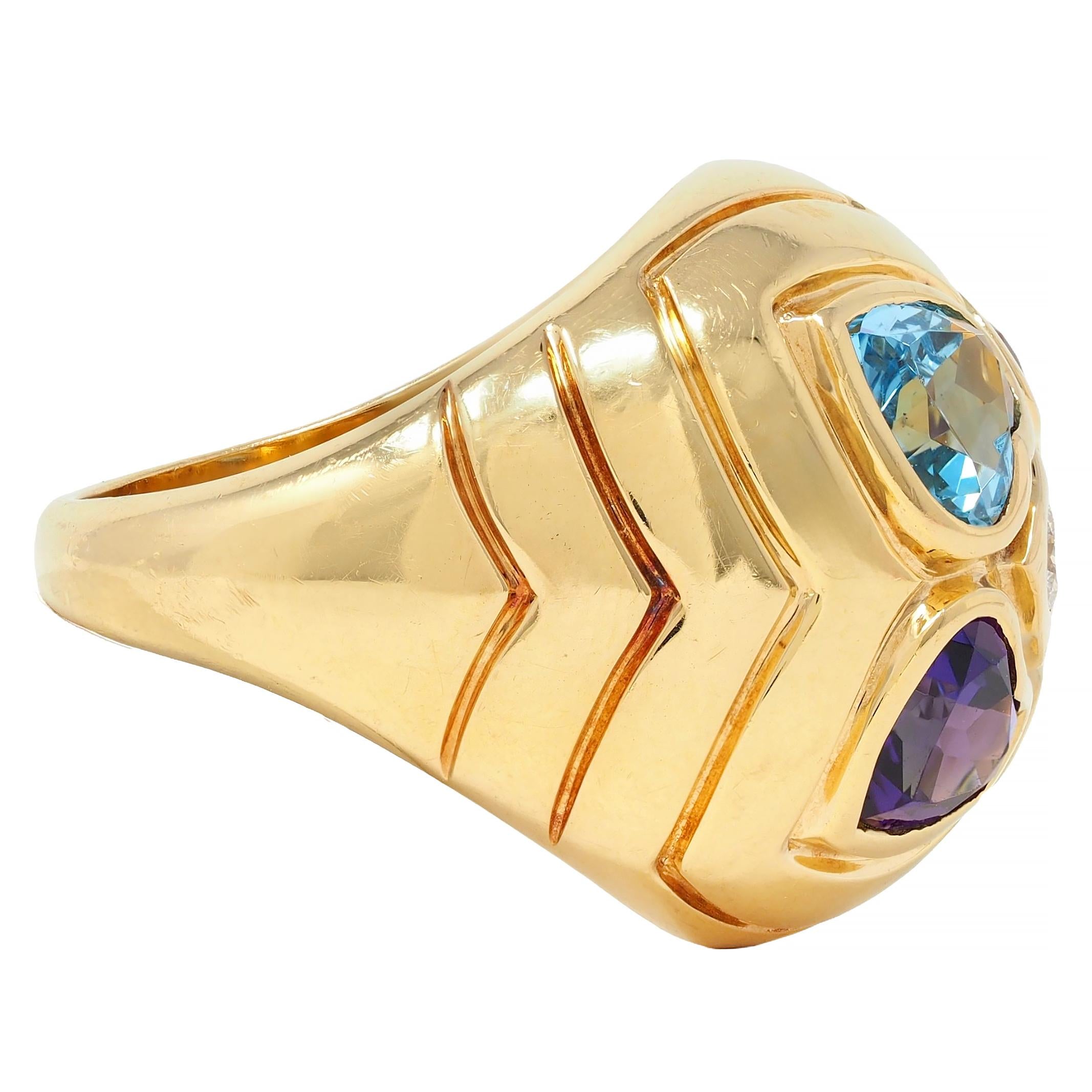 Bulgari 1990's Diamond Multi-Gem 18 Karat Gold Vintage Domed Heart Ring