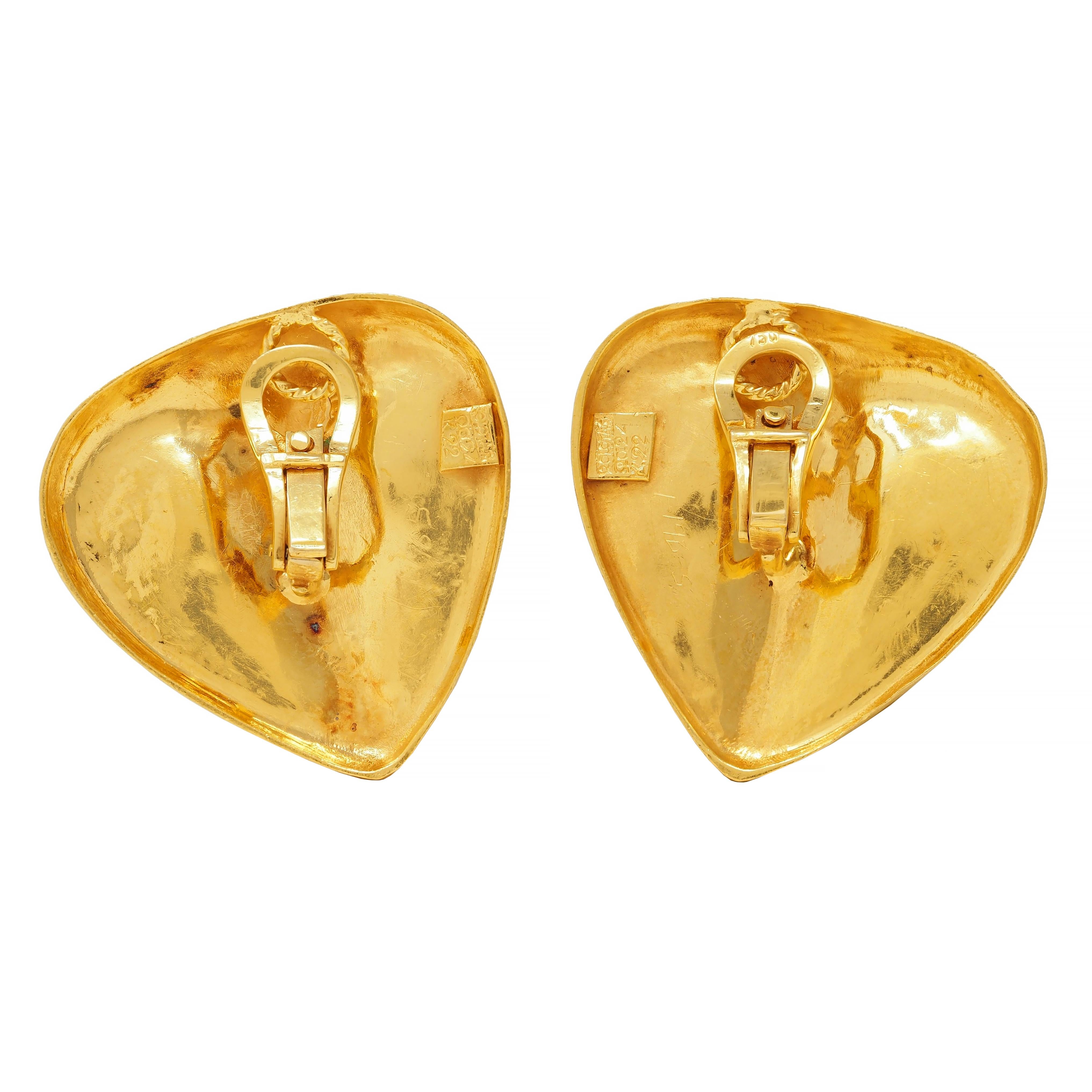 Zolotas 1980 22 Karat Hammered Yellow Gold Vintage Heart Ear-Clip Earrings