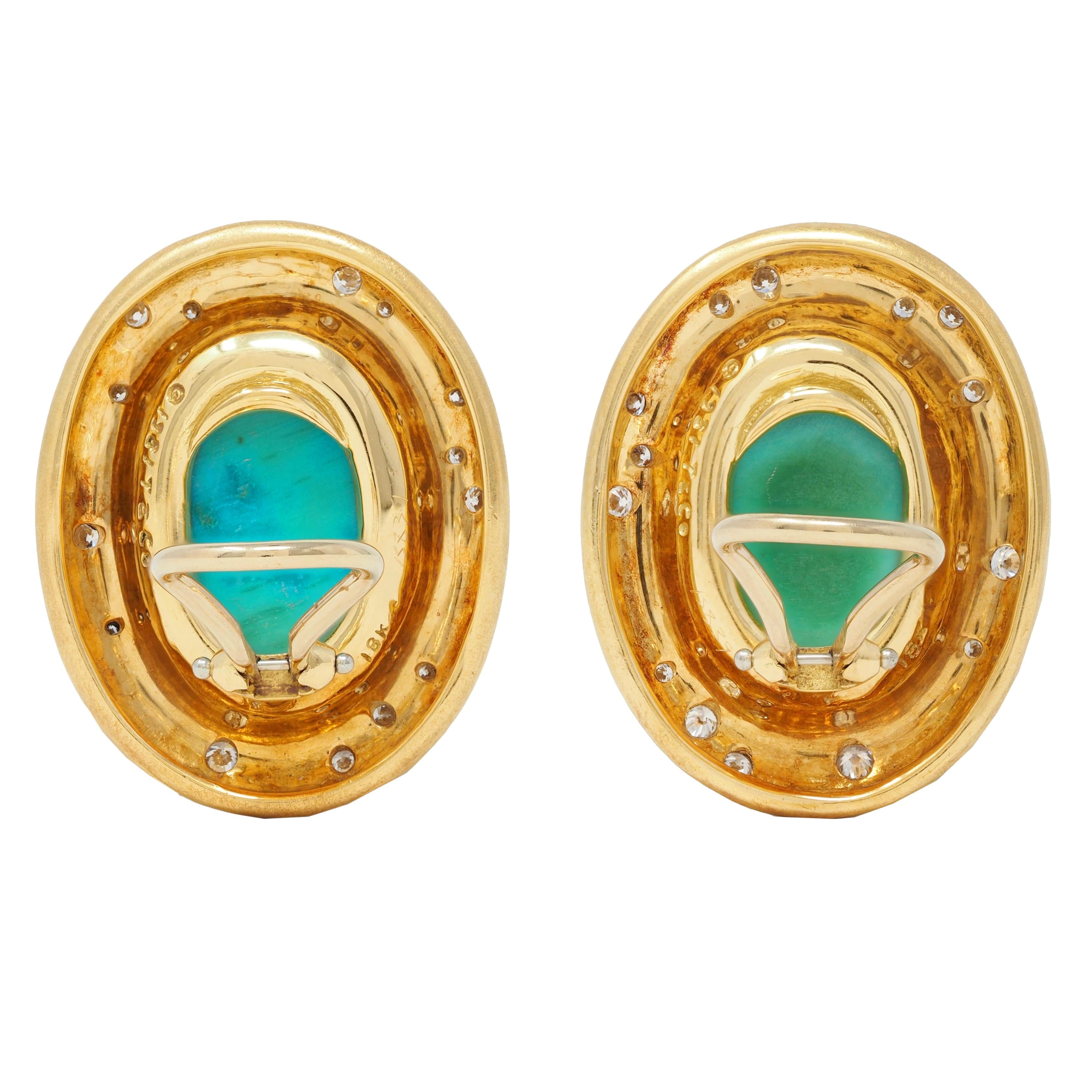 Tiffany & Co. Diamond Turquoise 18 Karat Yellow Gold Cabochon Vintage Earrings