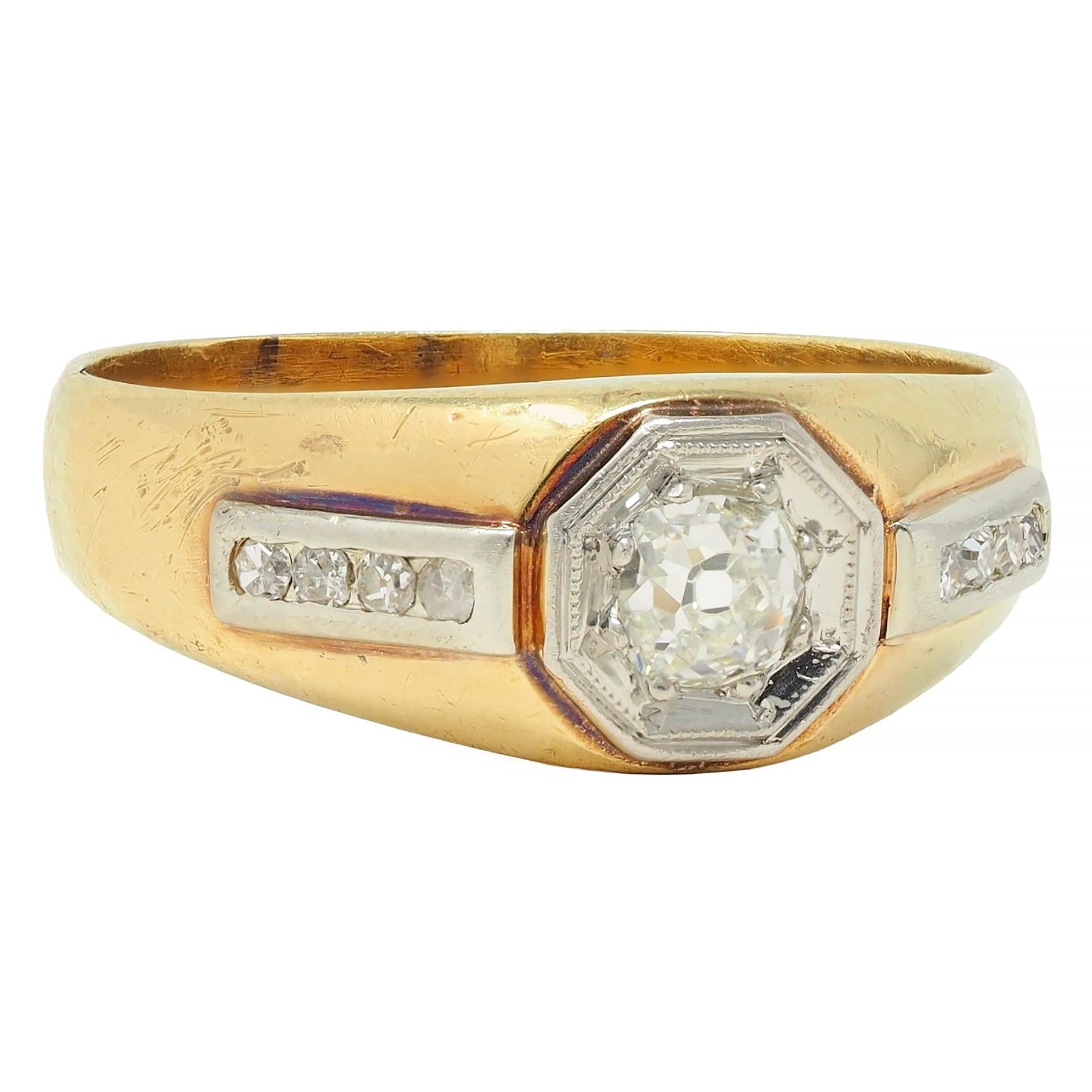 Art Deco Old Mine Cut Diamond Platinum 18K Yellow Gold Antique Engagement Ring