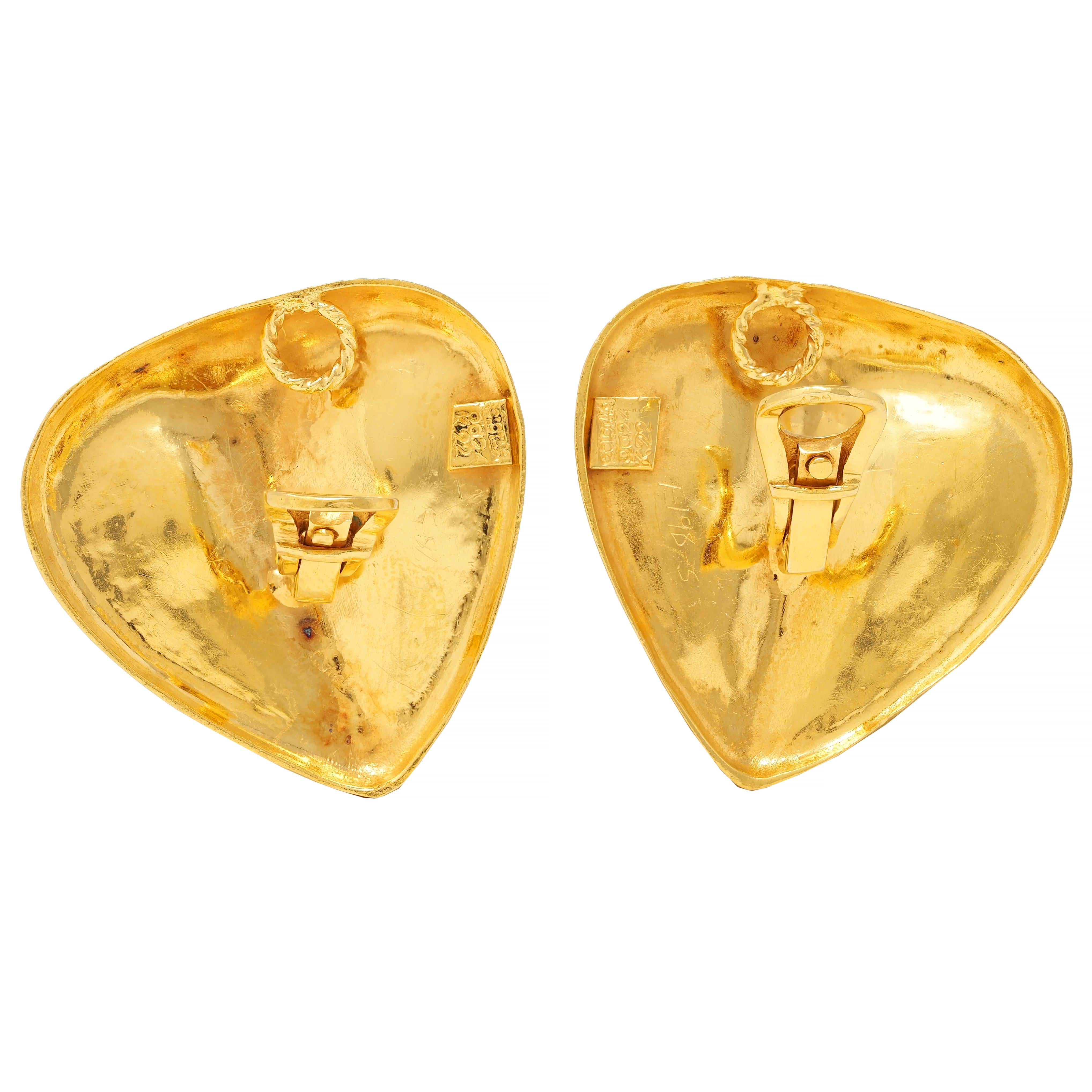 Zolotas 1980 22 Karat Hammered Yellow Gold Vintage Heart Ear-Clip Earrings