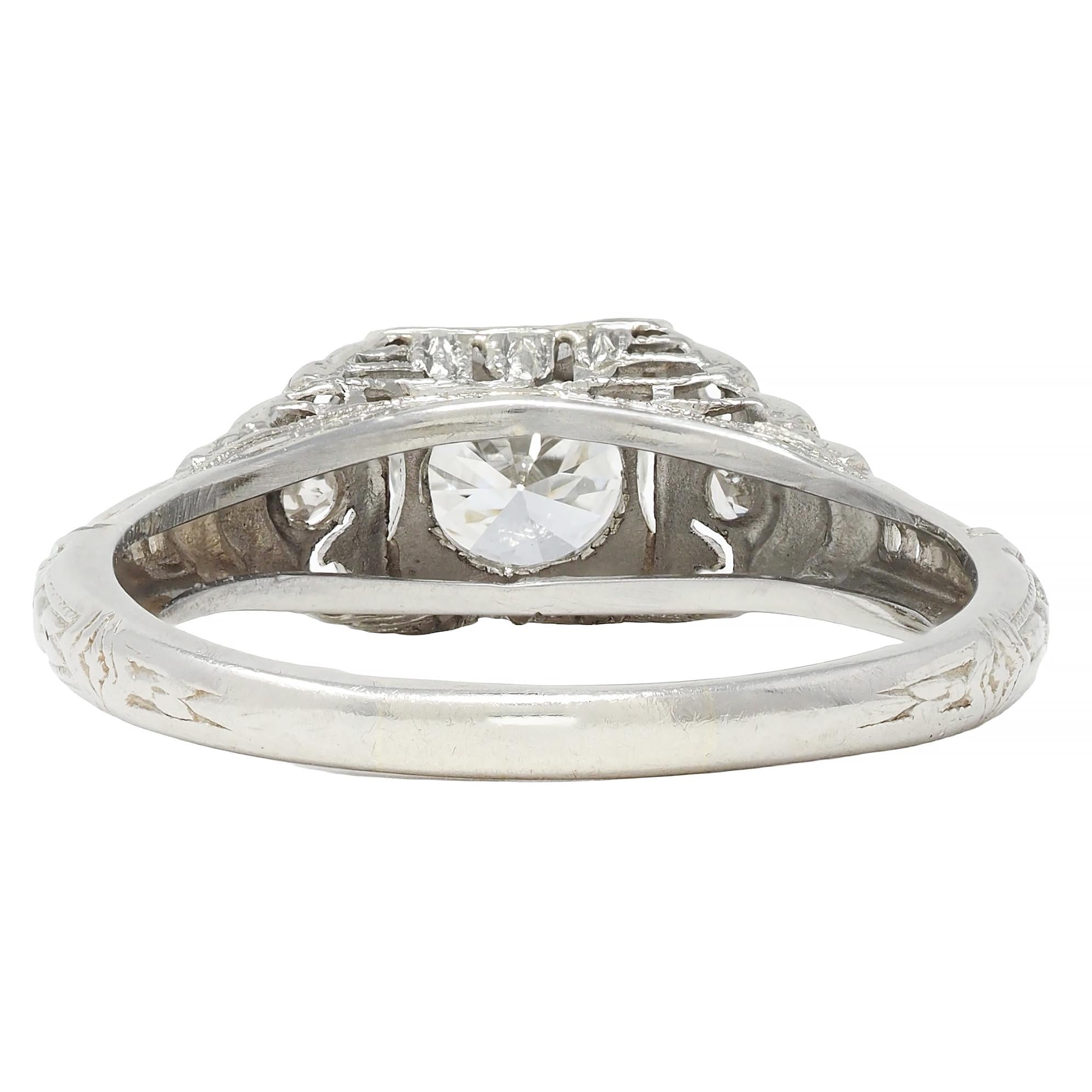 Late Art Deco 0.70 CTW Diamond 18K White Gold Vintage Lotus Engagement Ring