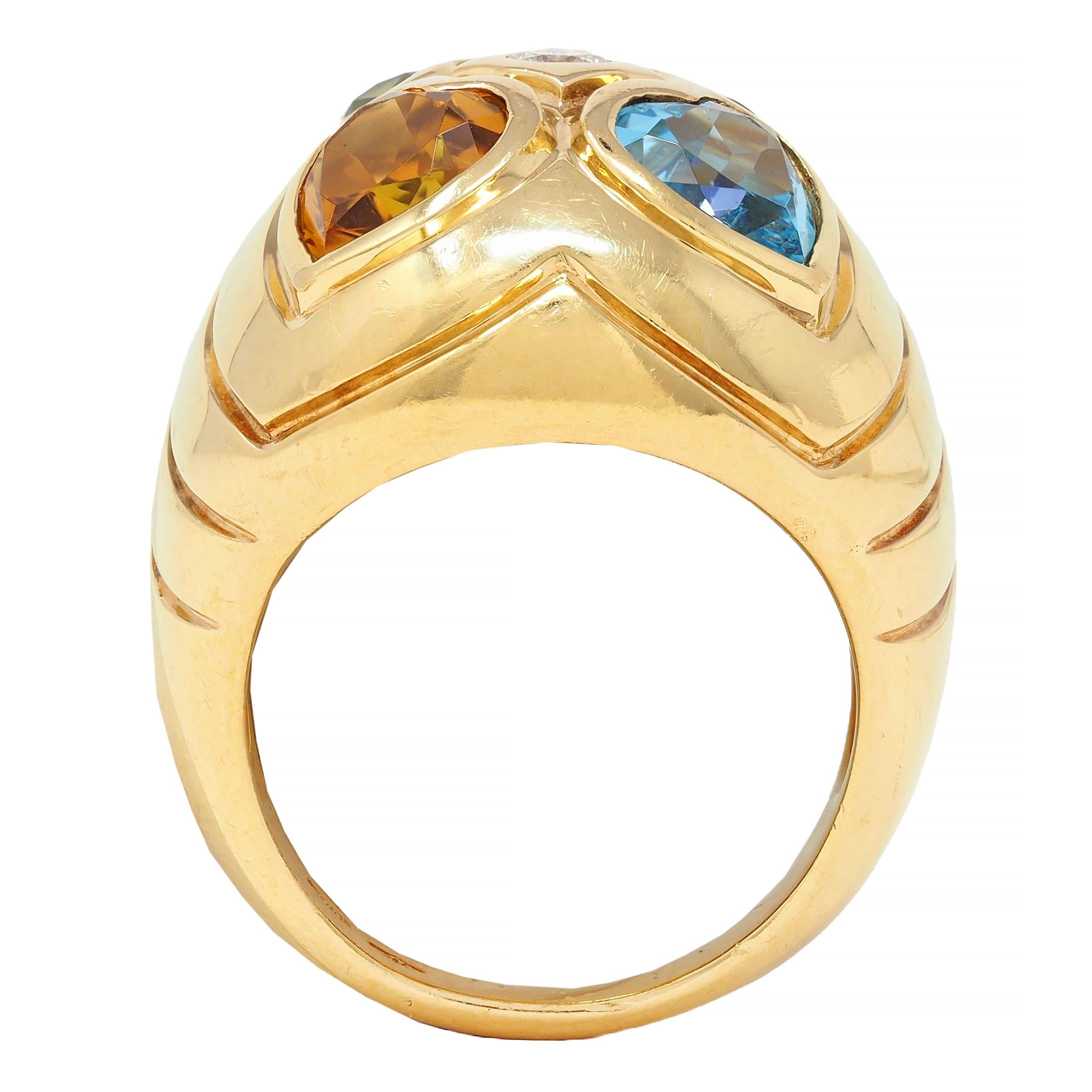 Bulgari 1990's Diamond Multi-Gem 18 Karat Gold Vintage Domed Heart Ring