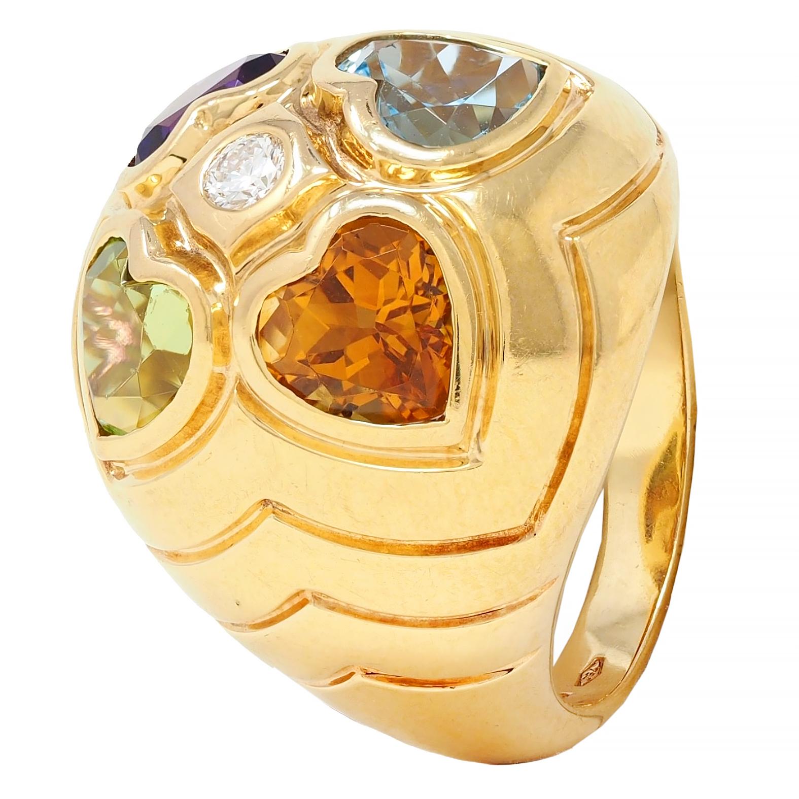 Bulgari 1990's Diamond Multi-Gem 18 Karat Gold Vintage Domed Heart Ring