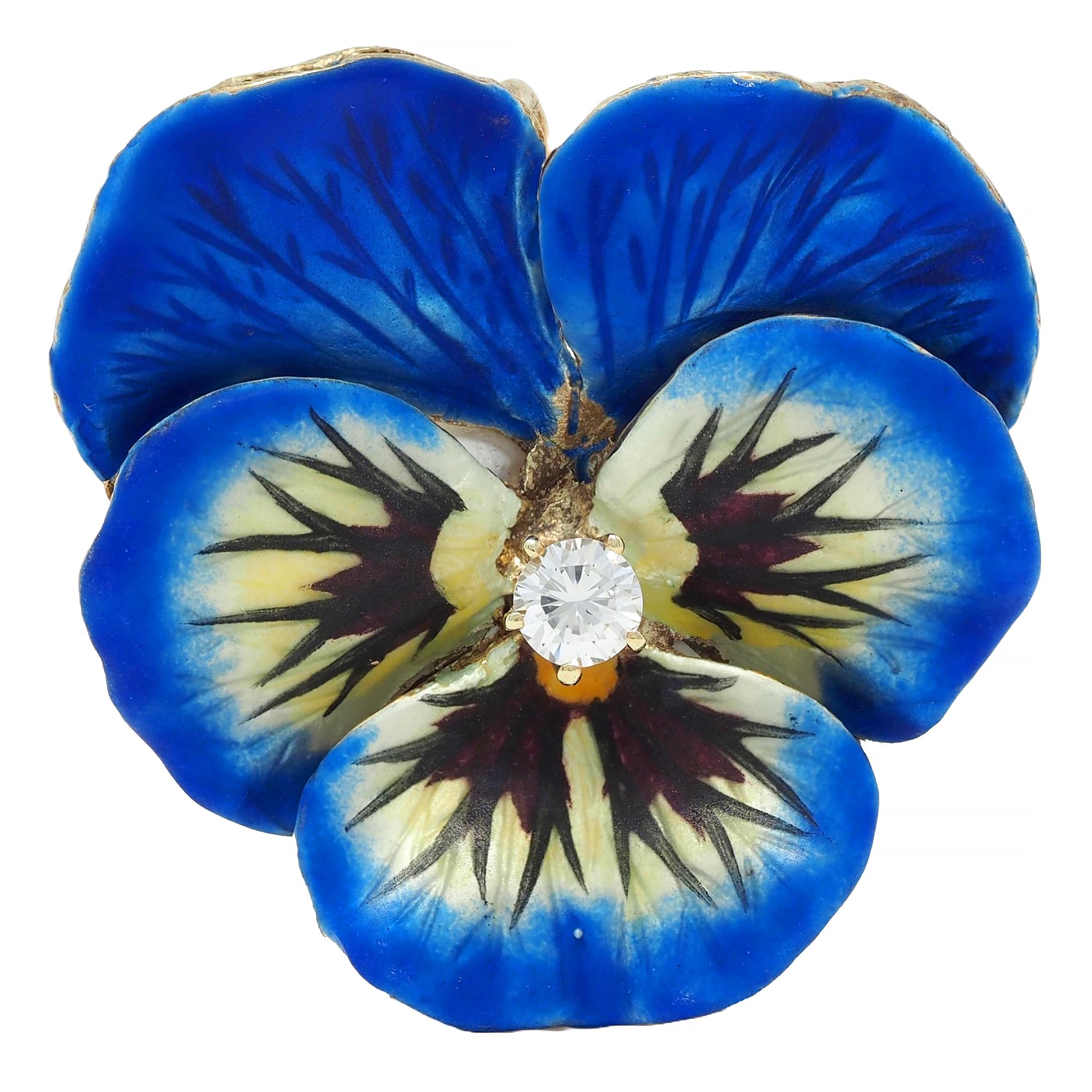 Art Nouveau Diamond Blue Enamel 14K Yellow Gold Antique Pansy Pendant Brooch