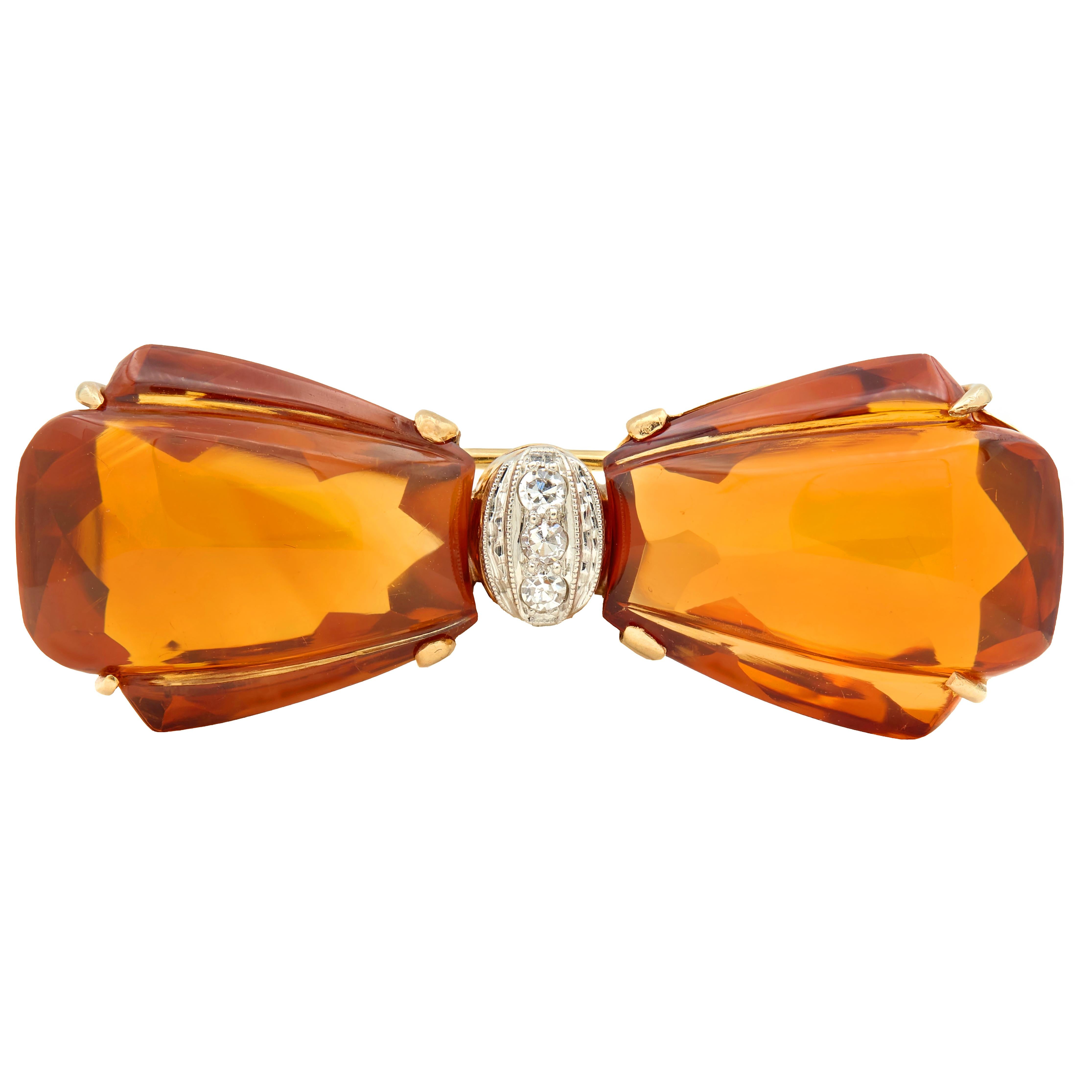 Art Deco Citrine Diamond 14 Karat Yellow Gold Platinum Vintage Bowtie Brooch