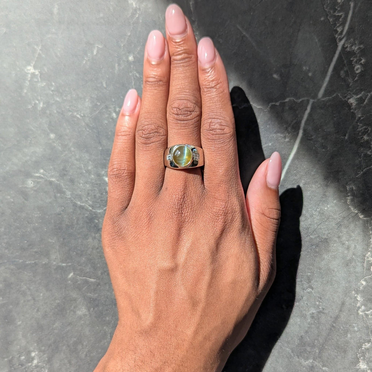 1960's Cat's Eye Chrysoberyl Diamond 14 Karat White Gold Three Unisex Stone Ring