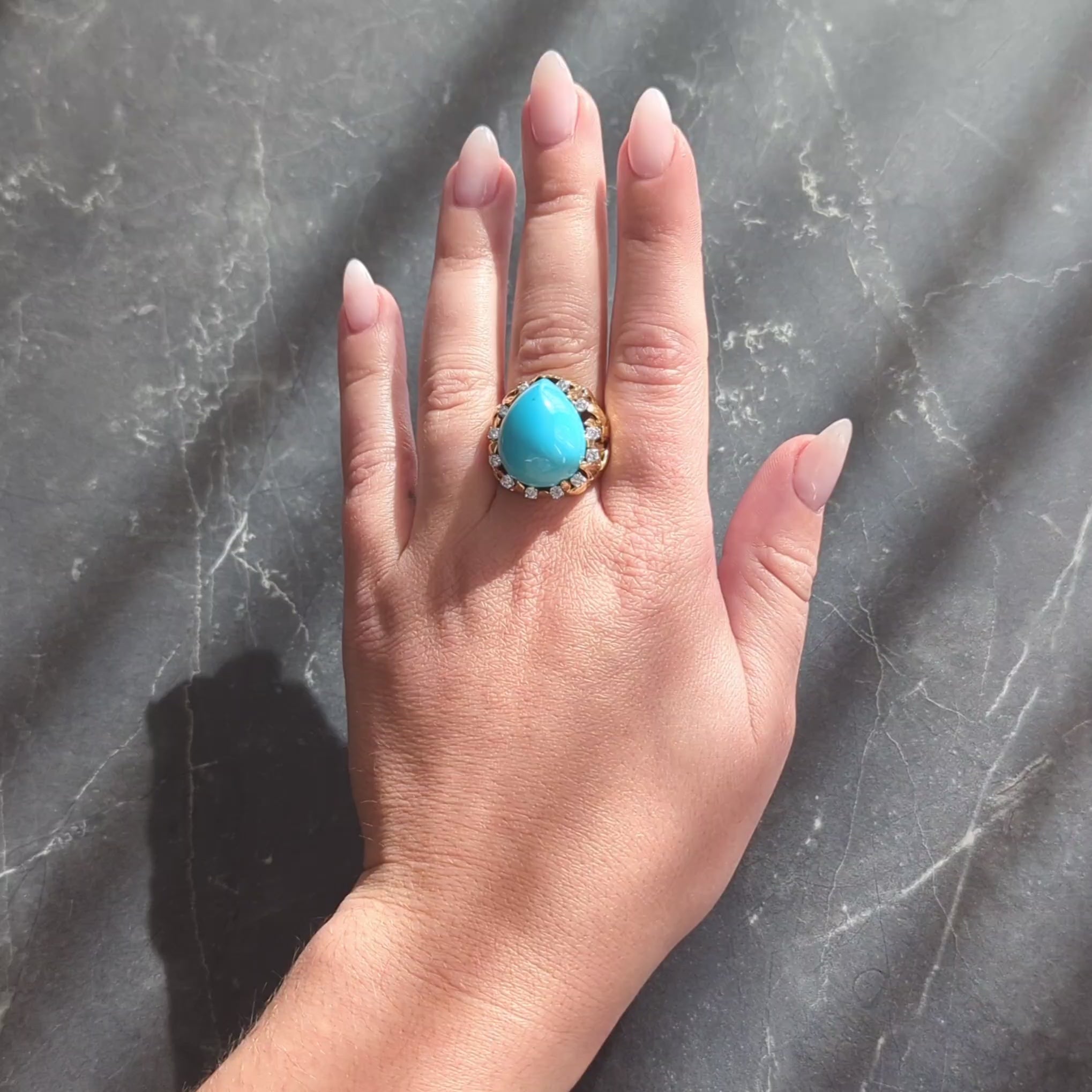 David Webb 1970's Turquoise Diamond 18K Gold Platinum Vintage Foliate Ring