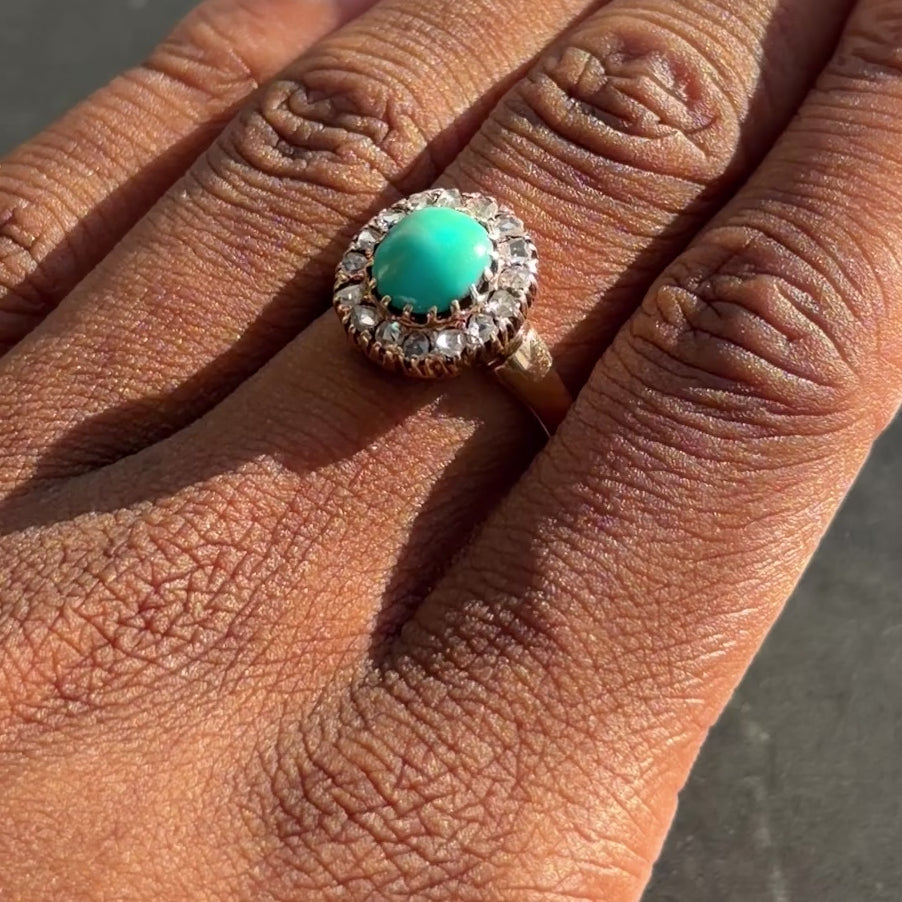 Victorian Turquoise Diamond 14 Karat Yellow Gold Antique Halo Ring
