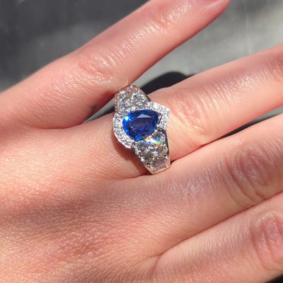 French 2000's 4.50 CTW Sapphire Diamond 18K White Gold Contemporary Cluster Ring