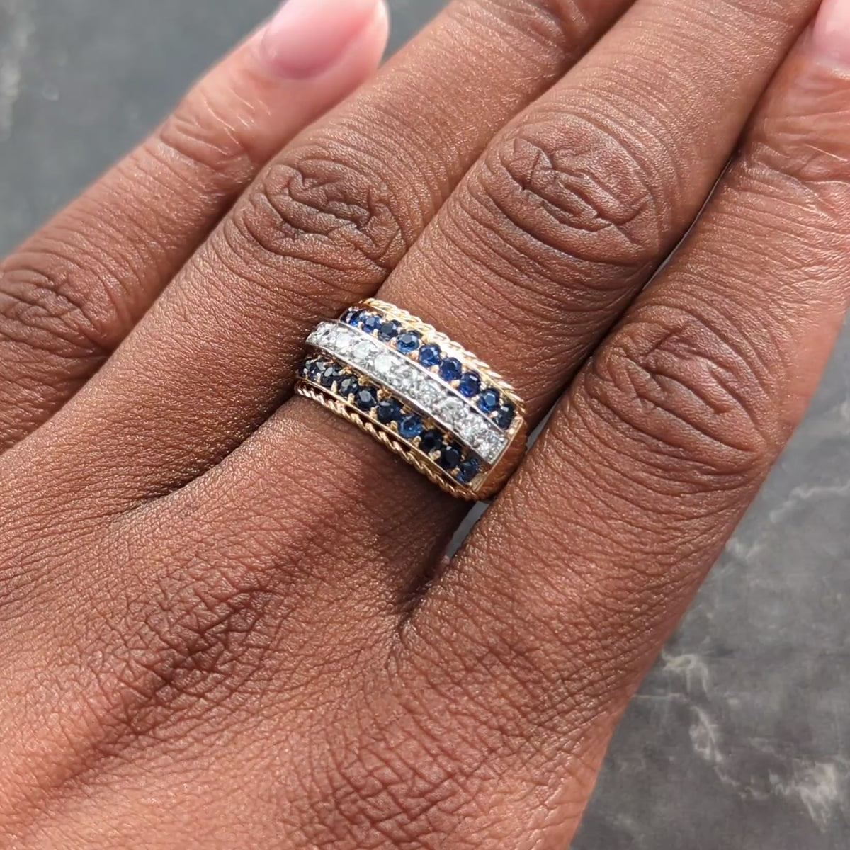 1960's Diamond Sapphire Platinum 14K Gold Vintage Twisted Rope Wide Band Ring