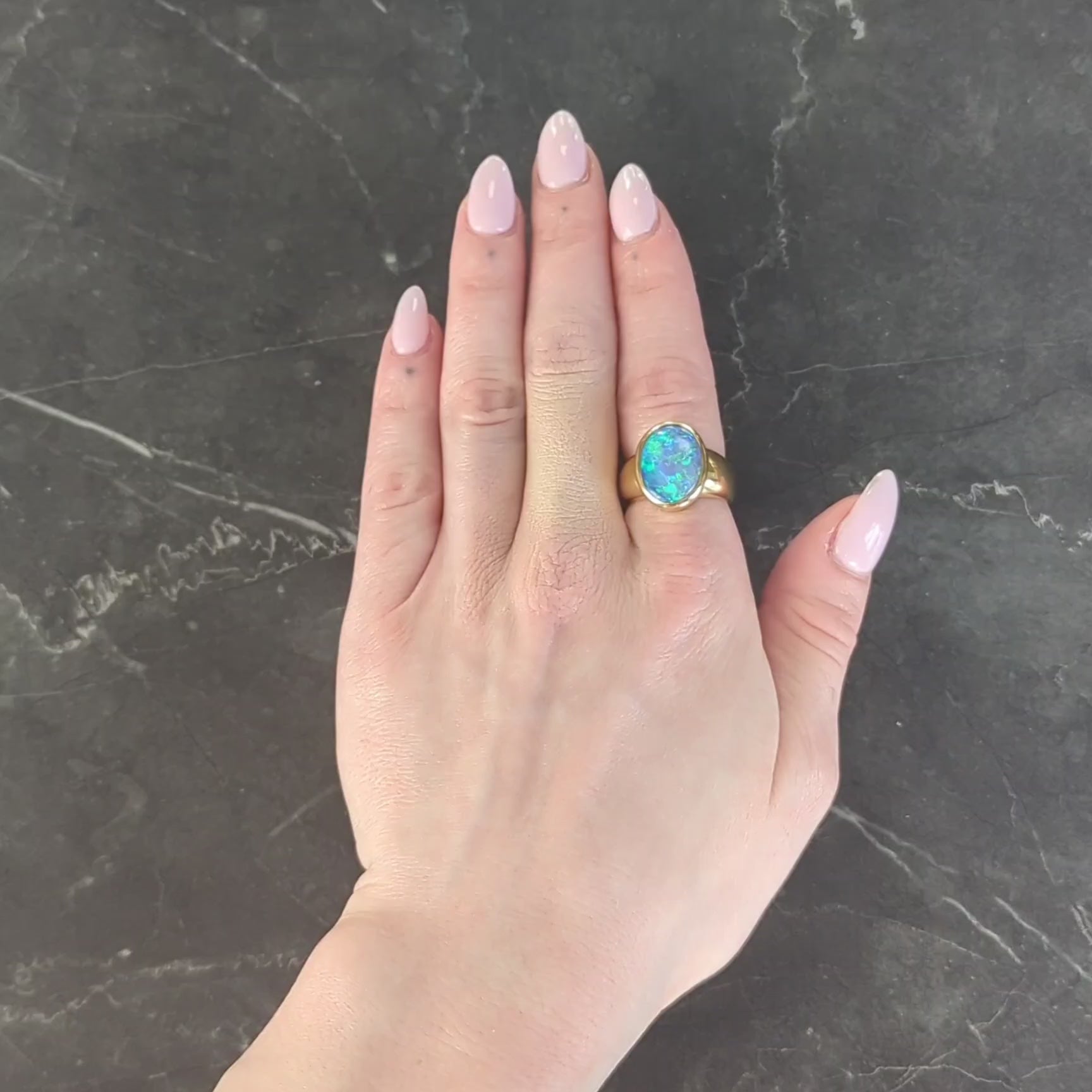 Contemporary Black Opal 18 Karat Yellow Gold Puffed Bezel Gemstone Ring