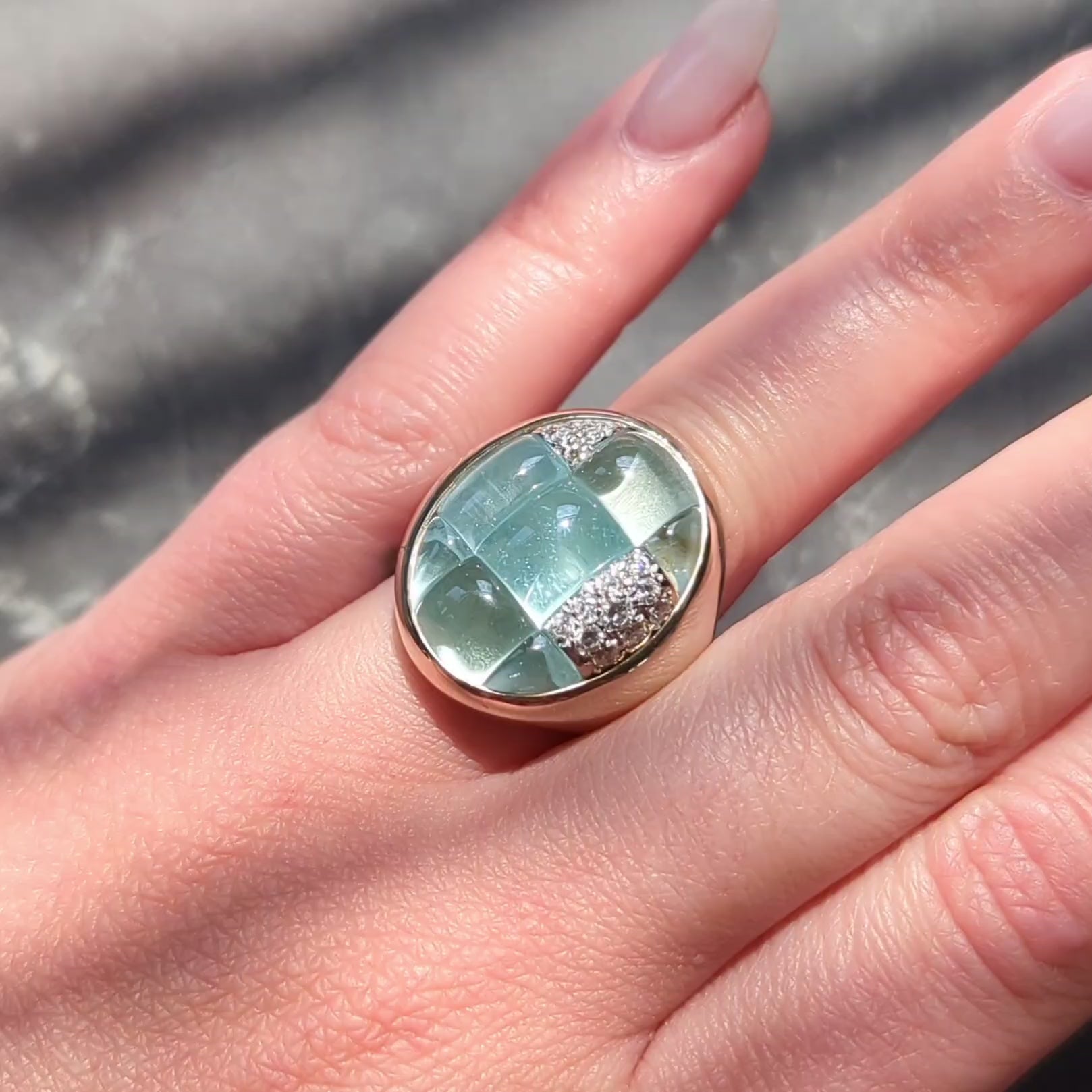 Pomellato 2000's Aquamarine Diamond 18 Karat White Gold Mosaique Statement Ring